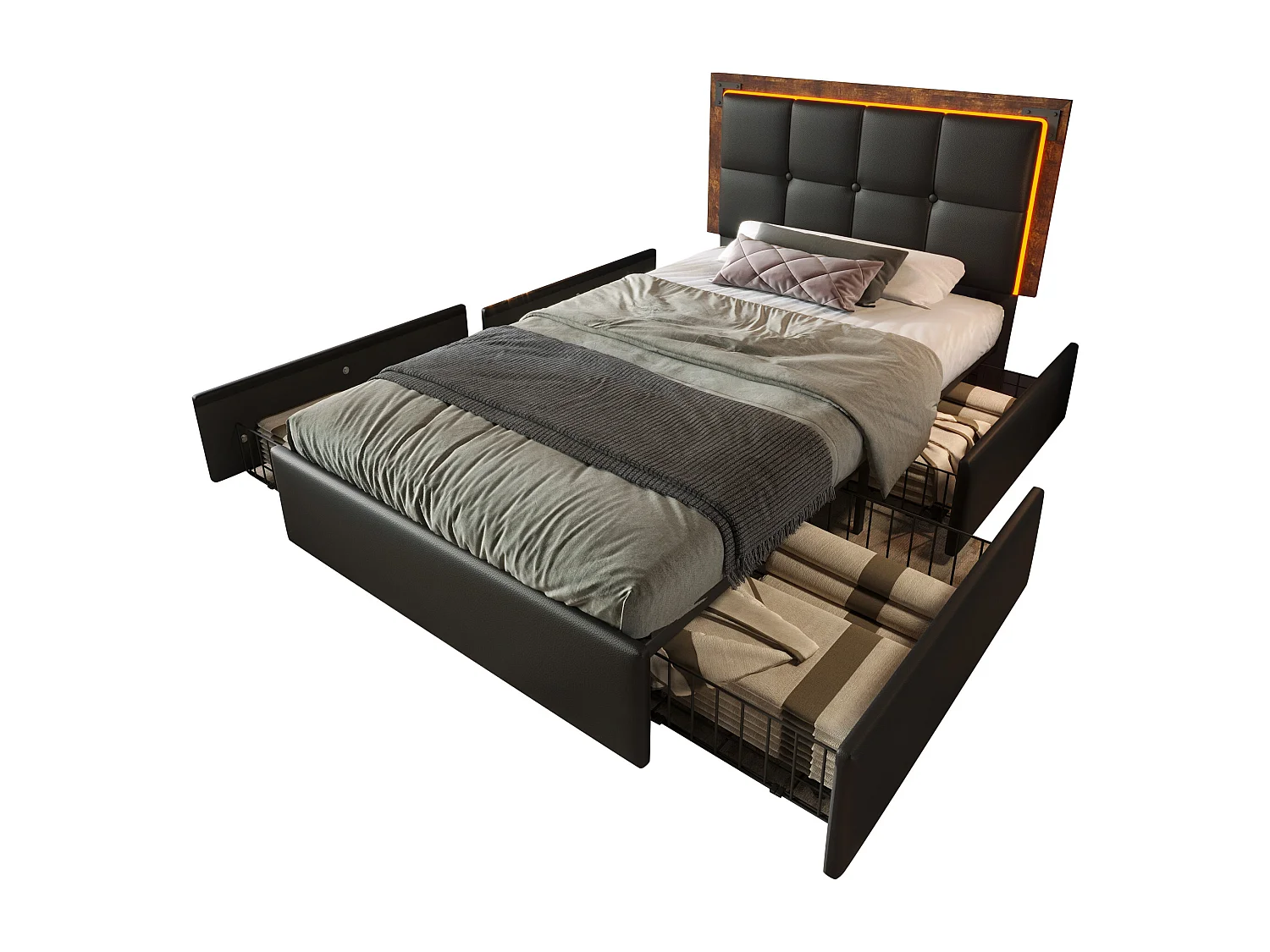 Cama individual 90x200 cm con LED, 4 cajones y cabecero regulable, PU negro (207x97,5x92-102 cm)