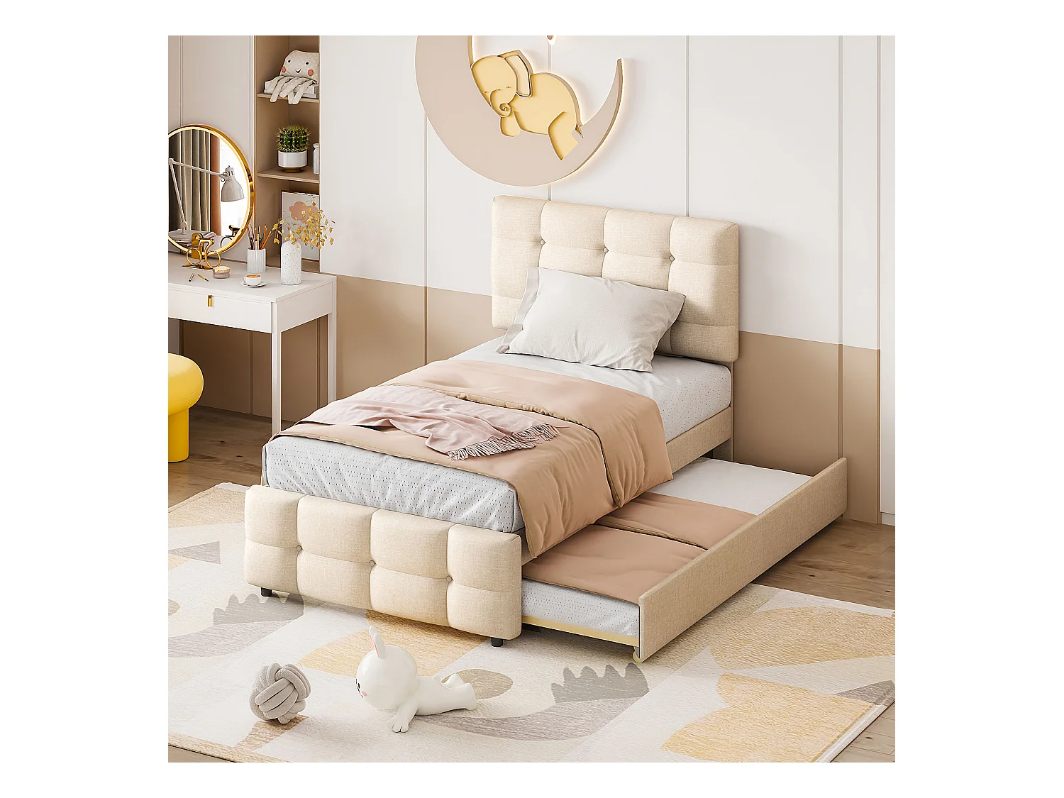 Lit enfant gigogne avec tête réglable, rembourré lin beige, lit simple avec tiroir extensible (200x90x99cm)