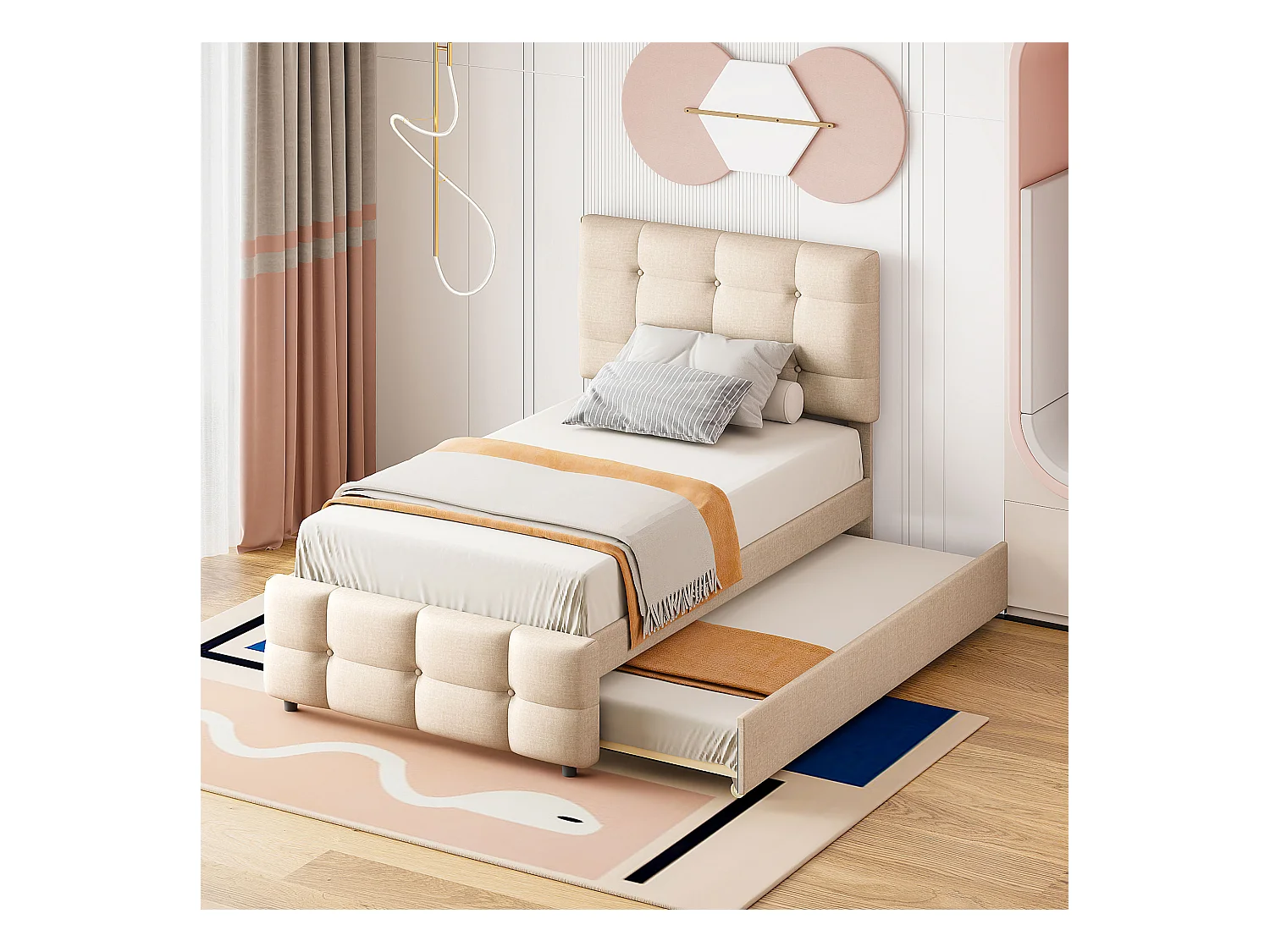 Lit enfant gigogne avec tête réglable, rembourré lin beige, lit simple avec tiroir extensible (200x90x99cm)