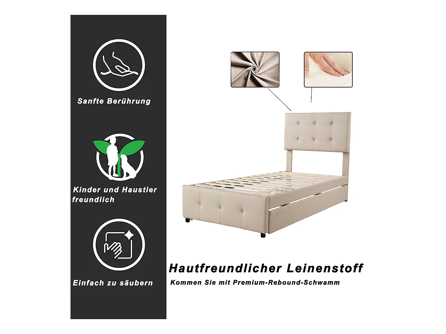 Lit enfant gigogne avec tête réglable, rembourré lin beige, lit simple avec tiroir extensible (200x90x99cm)