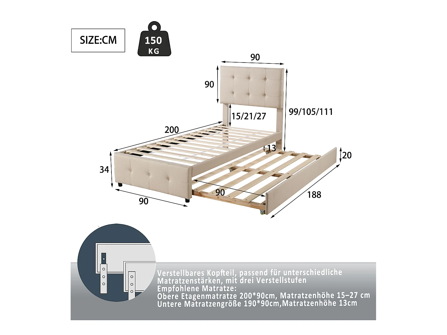Lit enfant gigogne avec tête réglable, rembourré lin beige, lit simple avec tiroir extensible (200x90x99cm)