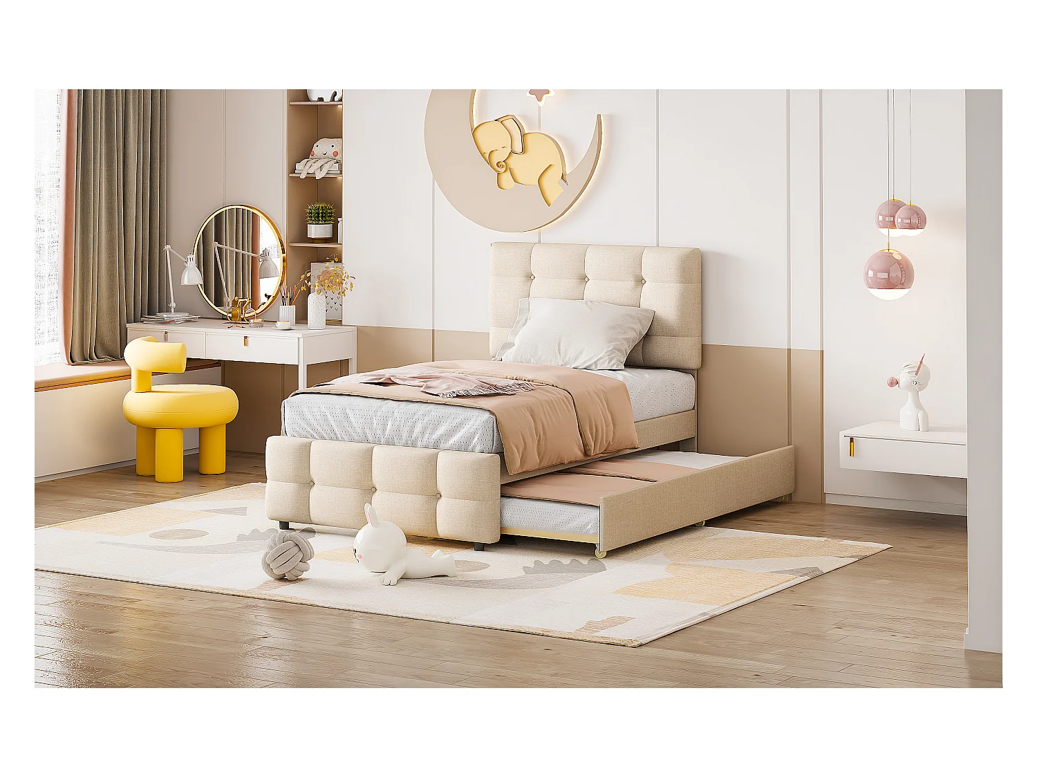 Lit enfant gigogne avec tête réglable, rembourré lin beige, lit simple avec tiroir extensible (200x90x99cm)