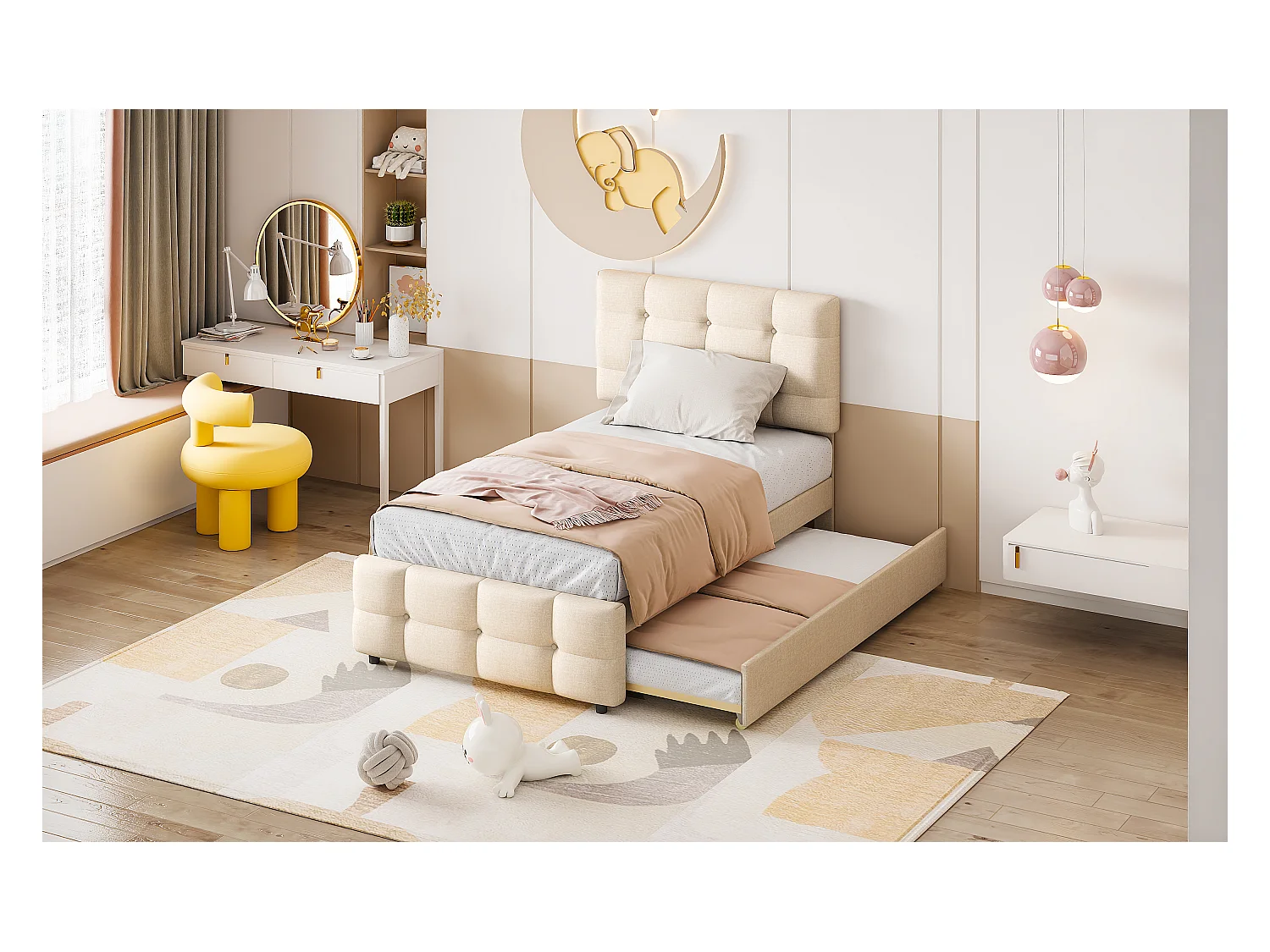 Lit enfant gigogne avec tête réglable, rembourré lin beige, lit simple avec tiroir extensible (200x90x99cm)