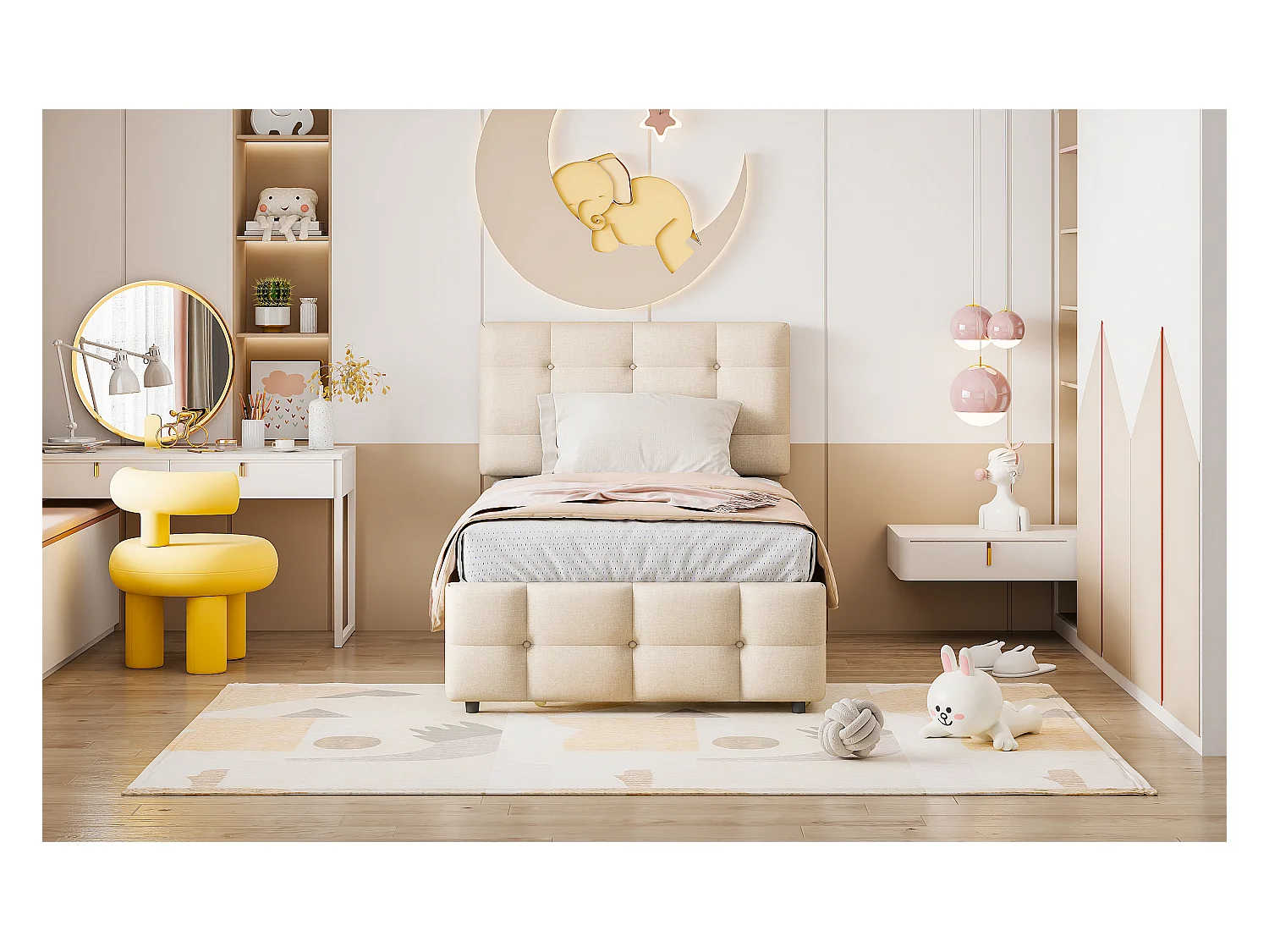 Lit enfant gigogne avec tête réglable, rembourré lin beige, lit simple avec tiroir extensible (200x90x99cm)