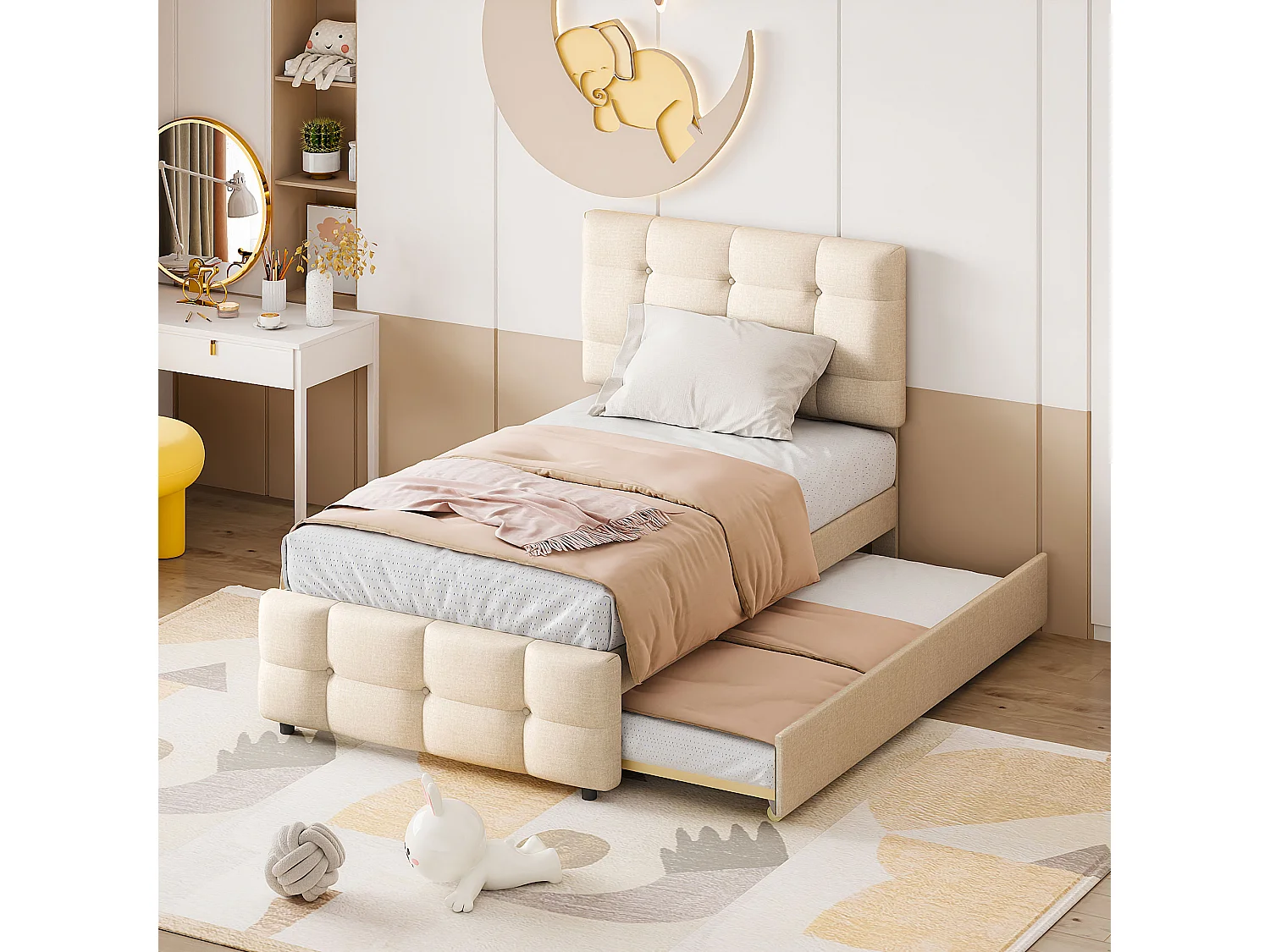 Lit enfant gigogne avec tête réglable, rembourré lin beige, lit simple avec tiroir extensible (200x90x99cm)