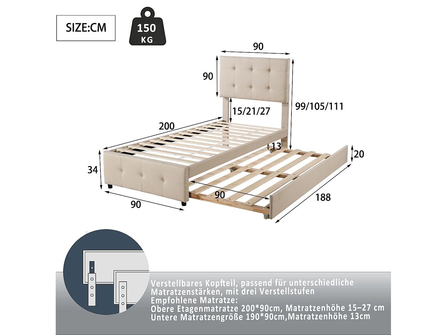 Lit enfant gigogne avec tête réglable, rembourré lin beige, lit simple avec tiroir extensible (200x90x99cm)