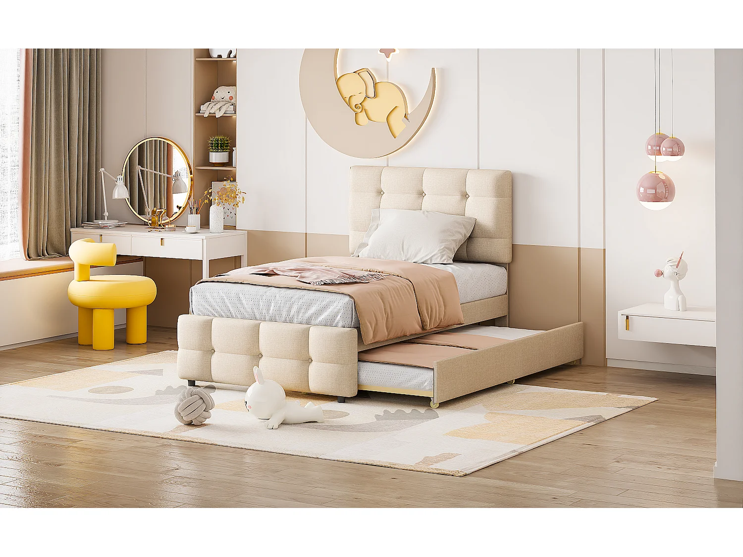 Lit enfant gigogne avec tête réglable, rembourré lin beige, lit simple avec tiroir extensible (200x90x99cm)