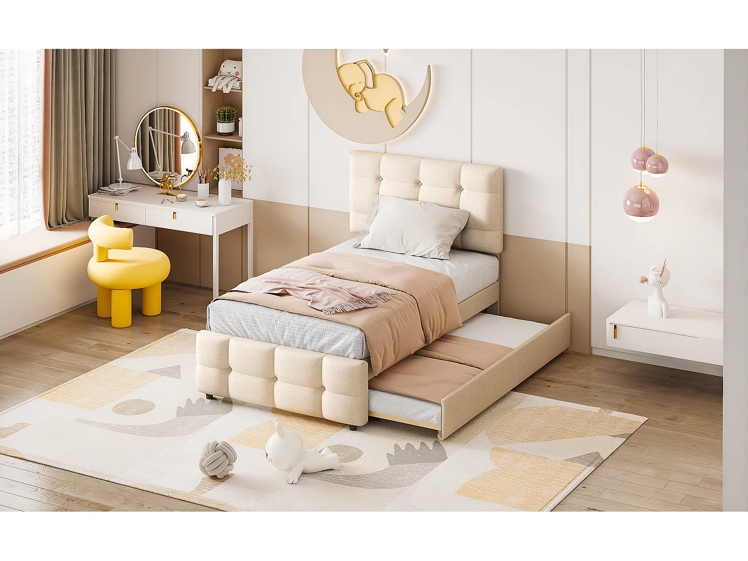 Lit enfant gigogne avec tête réglable, rembourré lin beige, lit simple avec tiroir extensible (200x90x99cm)