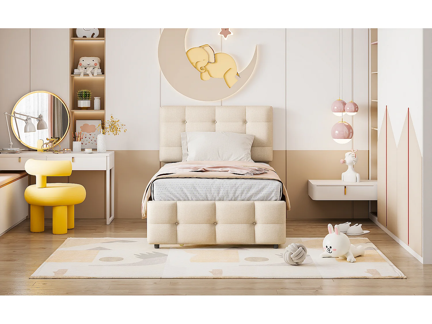 Lit enfant gigogne avec tête réglable, rembourré lin beige, lit simple avec tiroir extensible (200x90x99cm)