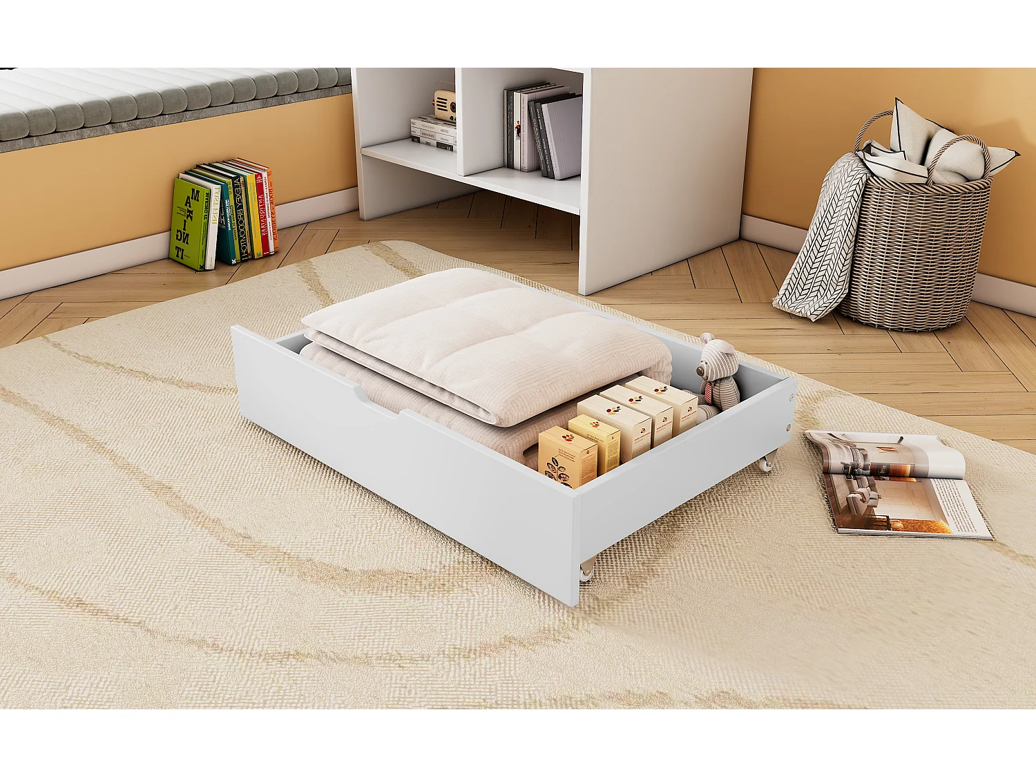 2 tiroirs de rangement sous le lit, MDF, roulettes, blanc (93x66.5x20 cm)