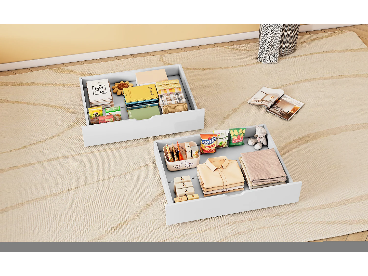 2 tiroirs de rangement sous le lit, MDF, roulettes, blanc (93x66.5x20 cm)