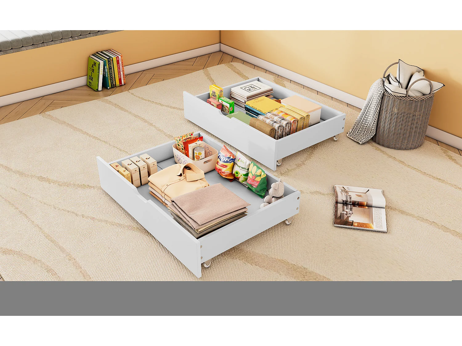 2 tiroirs de rangement sous le lit, MDF, roulettes, blanc (93x66.5x20 cm)