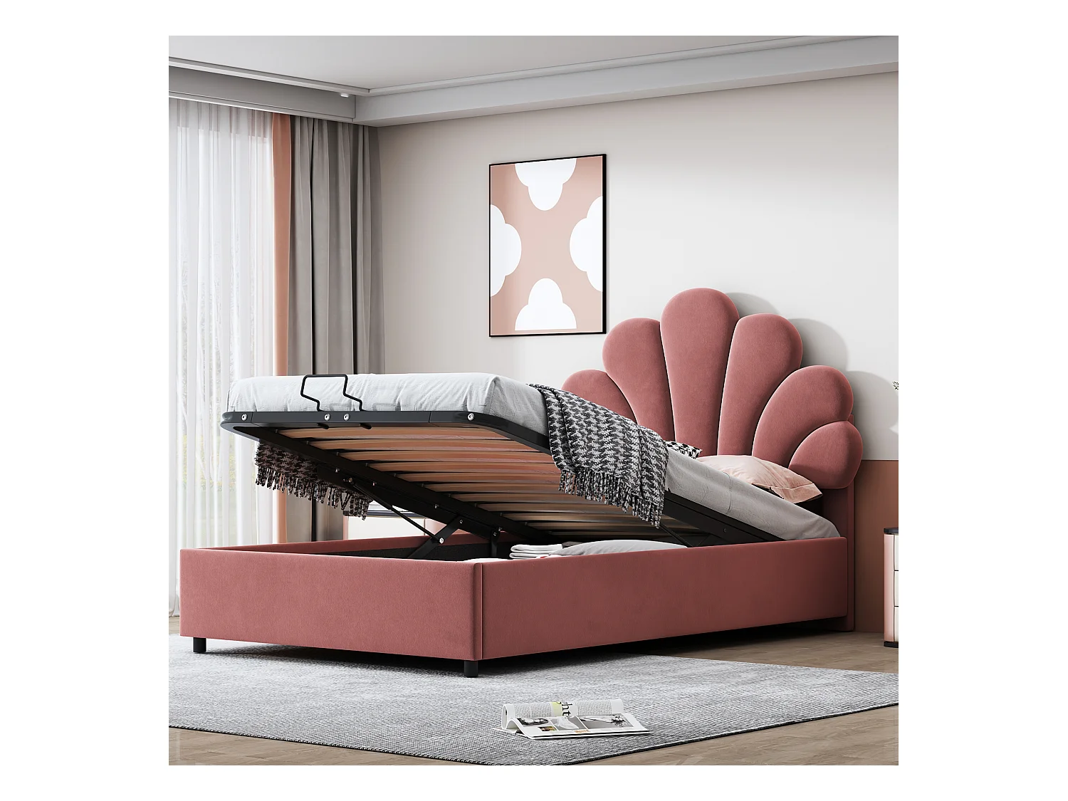 Lit enfant 90x200 cm, tête fleurie réglable, sommier à lattes, rangement hydraulique, velours doux, rose (203x94x115cm)