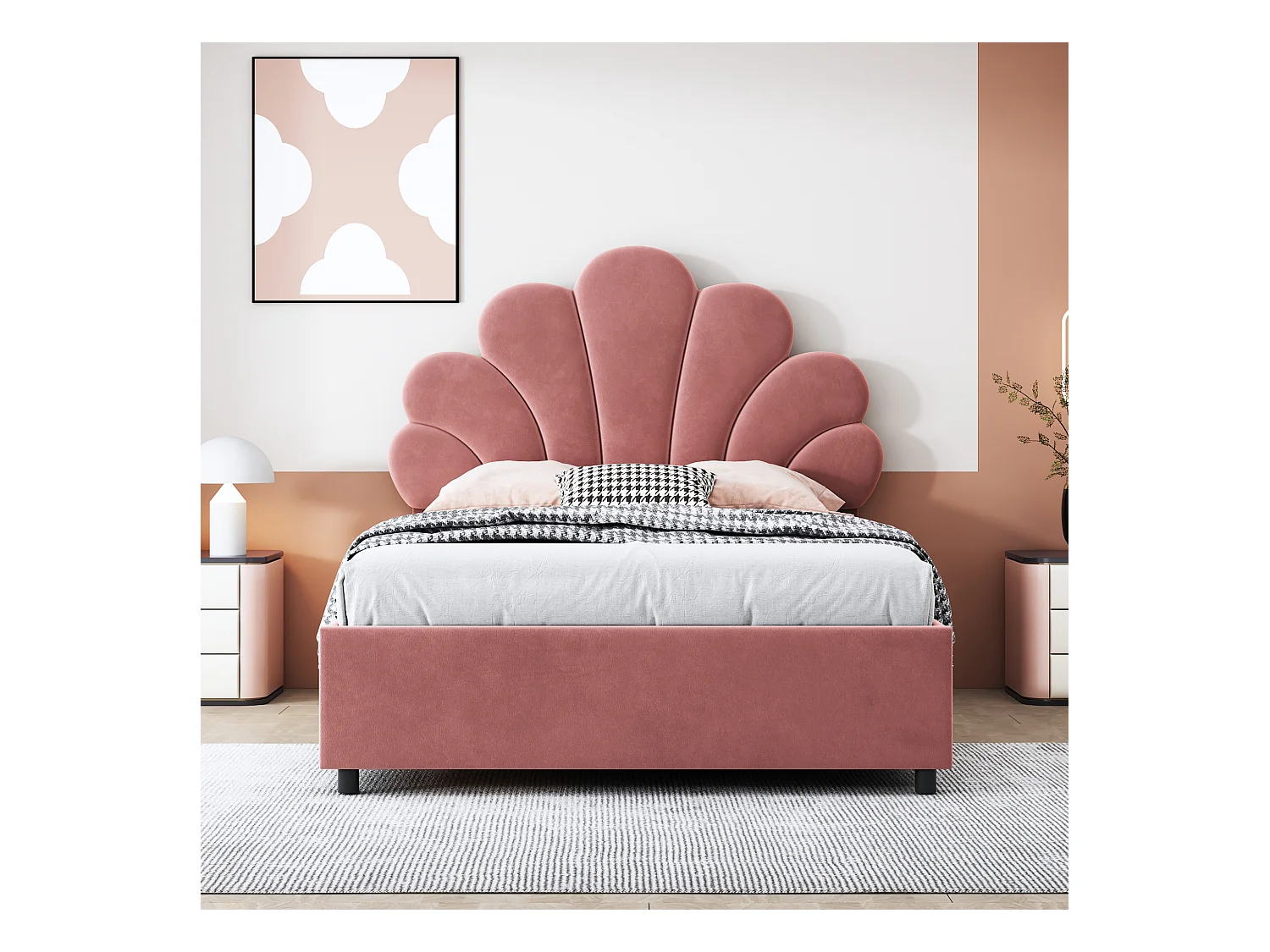 Lit enfant 90x200 cm, tête fleurie réglable, sommier à lattes, rangement hydraulique, velours doux, rose (203x94x115cm)