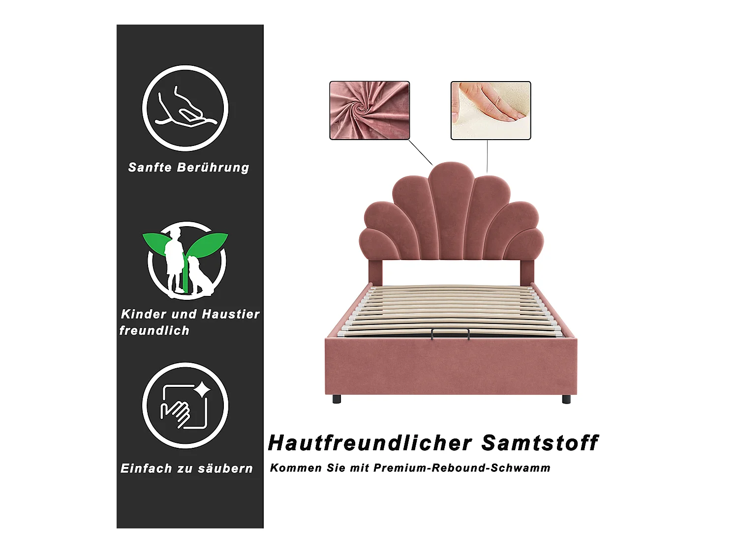 Lit enfant 90x200 cm, tête fleurie réglable, sommier à lattes, rangement hydraulique, velours doux, rose (203x94x115cm)