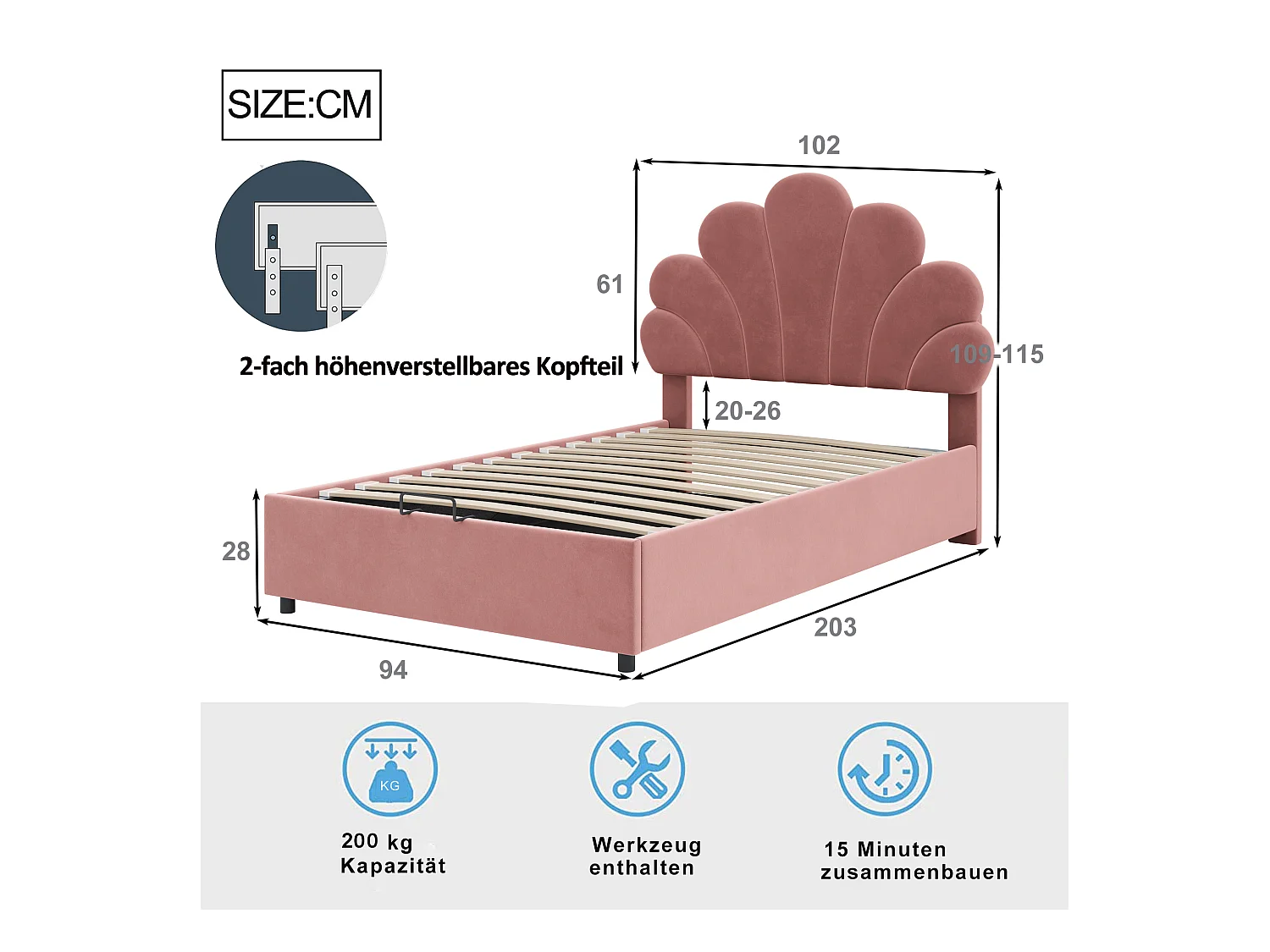 Lit enfant 90x200 cm, tête fleurie réglable, sommier à lattes, rangement hydraulique, velours doux, rose (203x94x115cm)