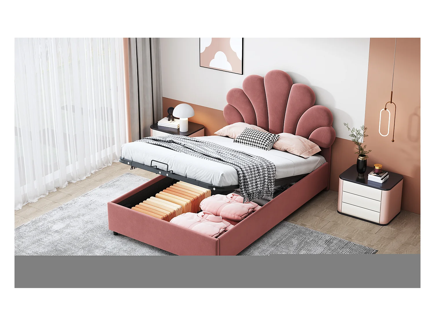 Lit enfant 90x200 cm, tête fleurie réglable, sommier à lattes, rangement hydraulique, velours doux, rose (203x94x115cm)