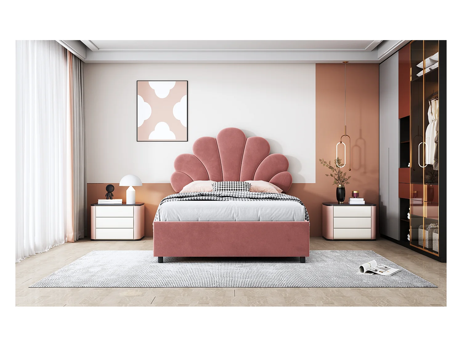 Lit enfant 90x200 cm, tête fleurie réglable, sommier à lattes, rangement hydraulique, velours doux, rose (203x94x115cm)