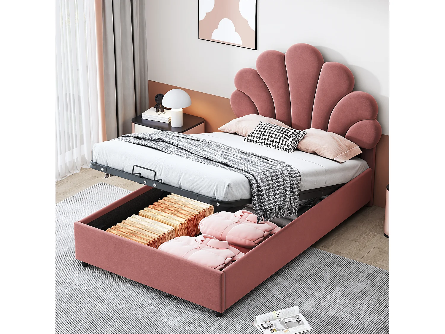 Lit enfant 90x200 cm, tête fleurie réglable, sommier à lattes, rangement hydraulique, velours doux, rose (203x94x115cm)