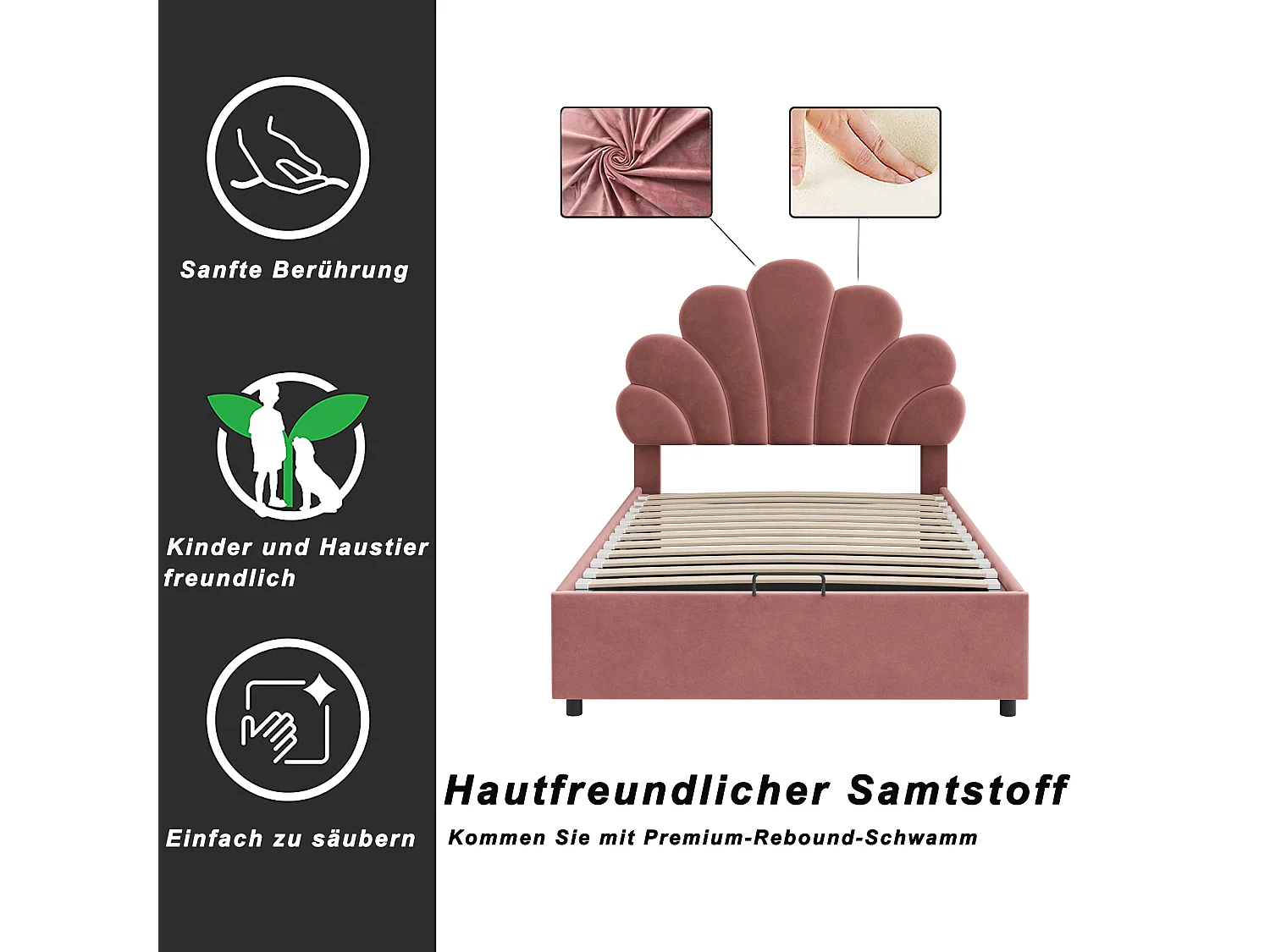 Lit enfant 90x200 cm, tête fleurie réglable, sommier à lattes, rangement hydraulique, velours doux, rose (203x94x115cm)