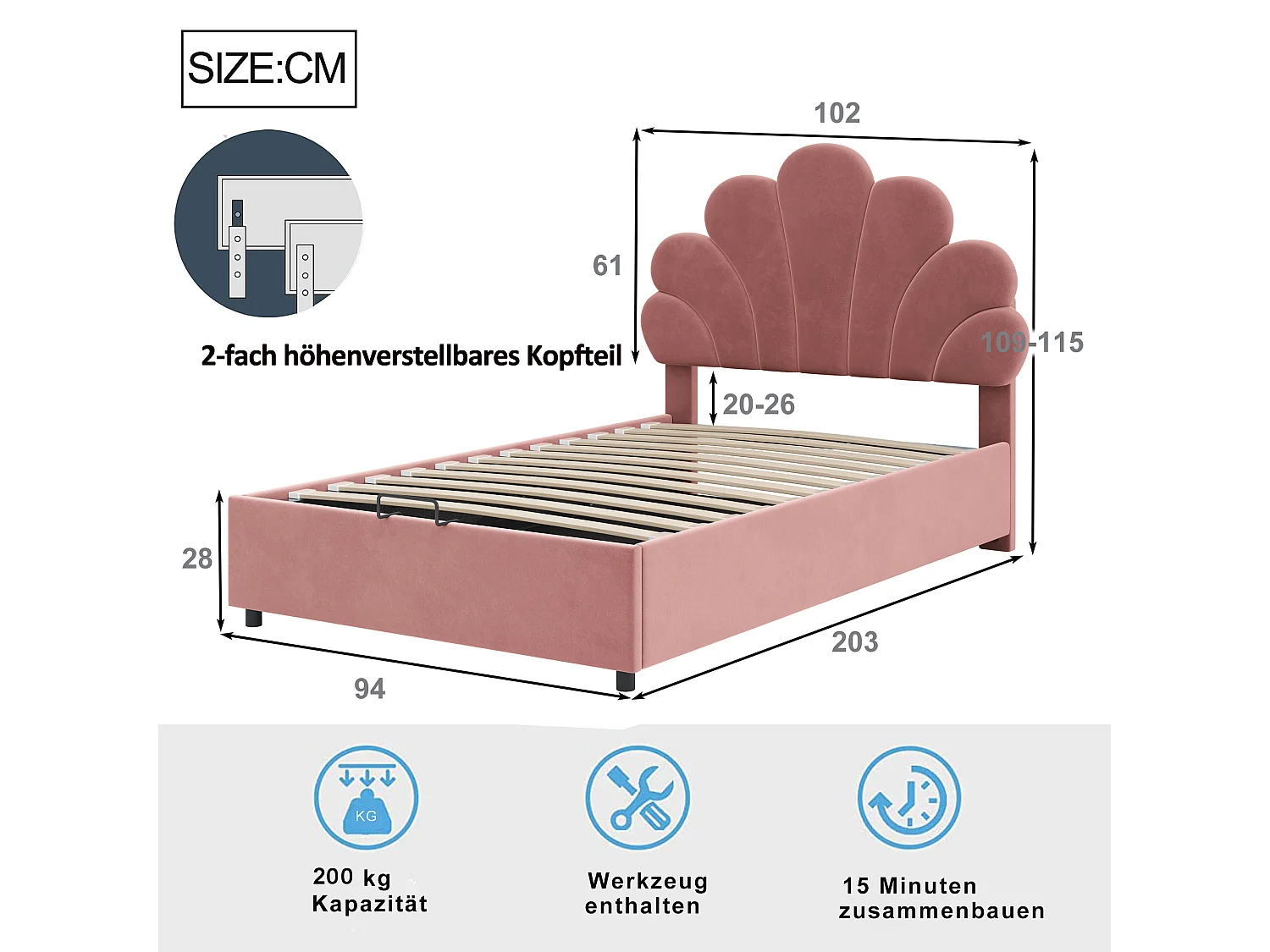 Lit enfant 90x200 cm, tête fleurie réglable, sommier à lattes, rangement hydraulique, velours doux, rose (203x94x115cm)