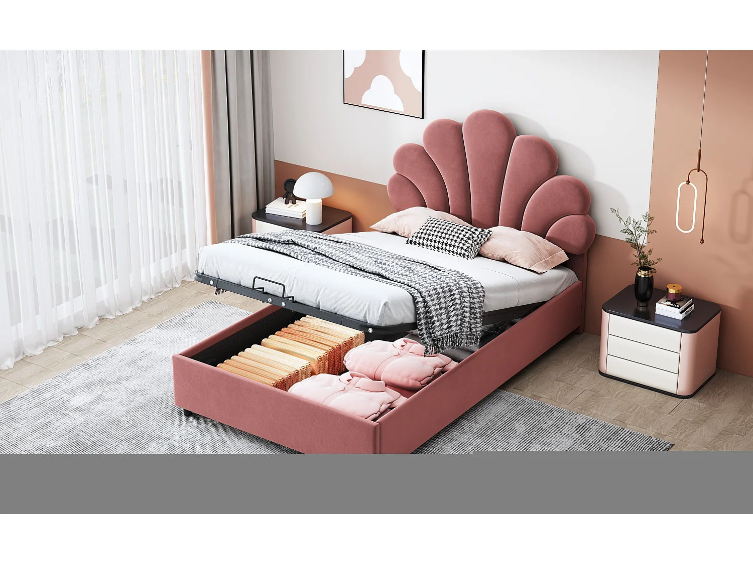 Lit enfant 90x200 cm, tête fleurie réglable, sommier à lattes, rangement hydraulique, velours doux, rose (203x94x115cm)