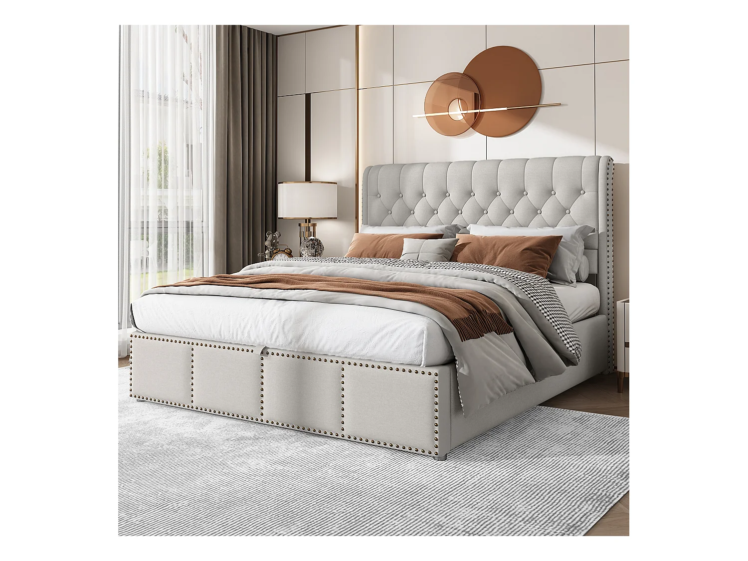 Lit capitonné en lin-coton avec levier hydraulique, grand coffre de rangement, avec clous décoratifs, 140x190 cm (dimensions : 188.6x27.94x20.32 cm)