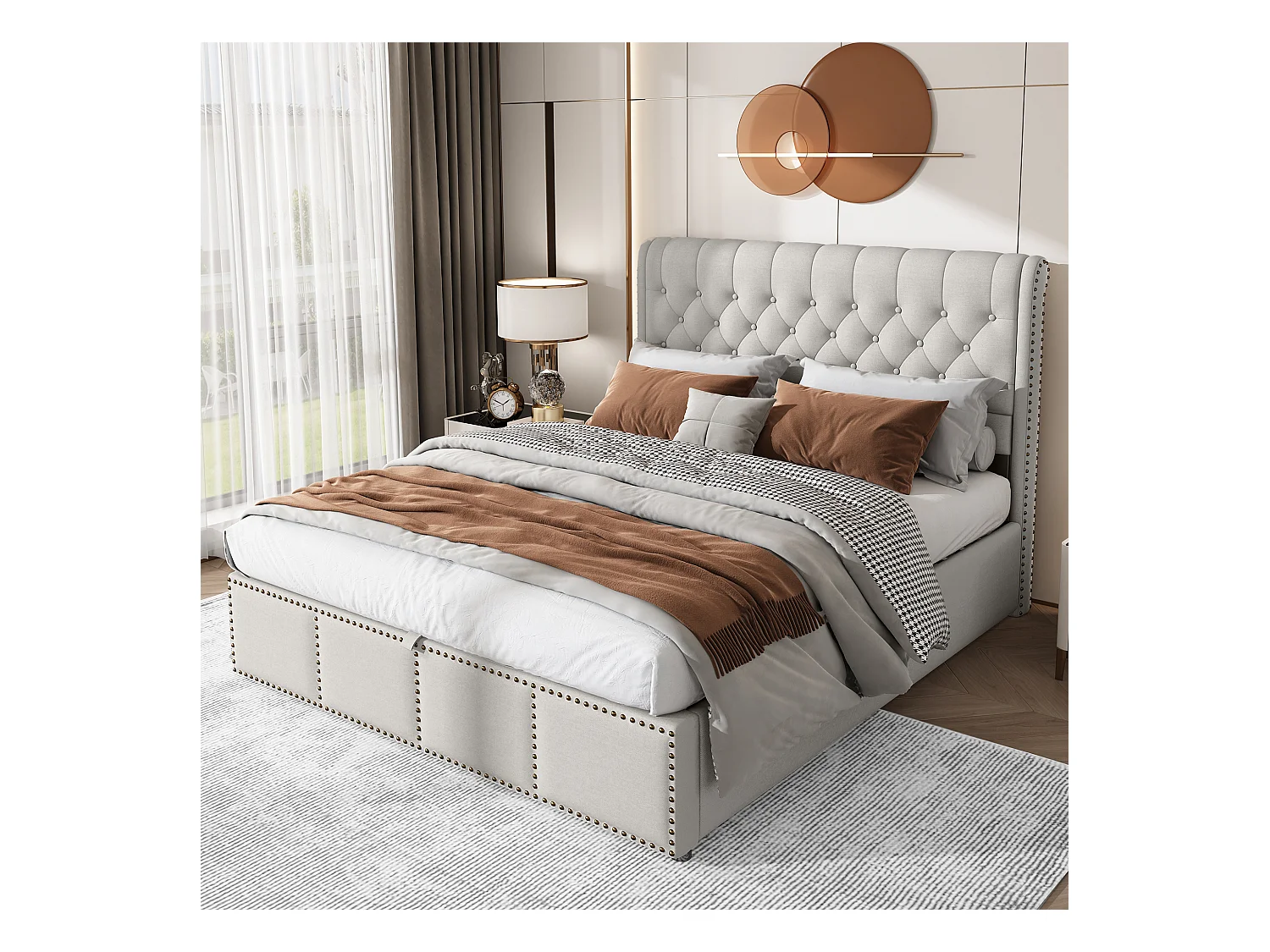 Lit capitonné en lin-coton avec levier hydraulique, grand coffre de rangement, avec clous décoratifs, 140x190 cm (dimensions : 188.6x27.94x20.32 cm)