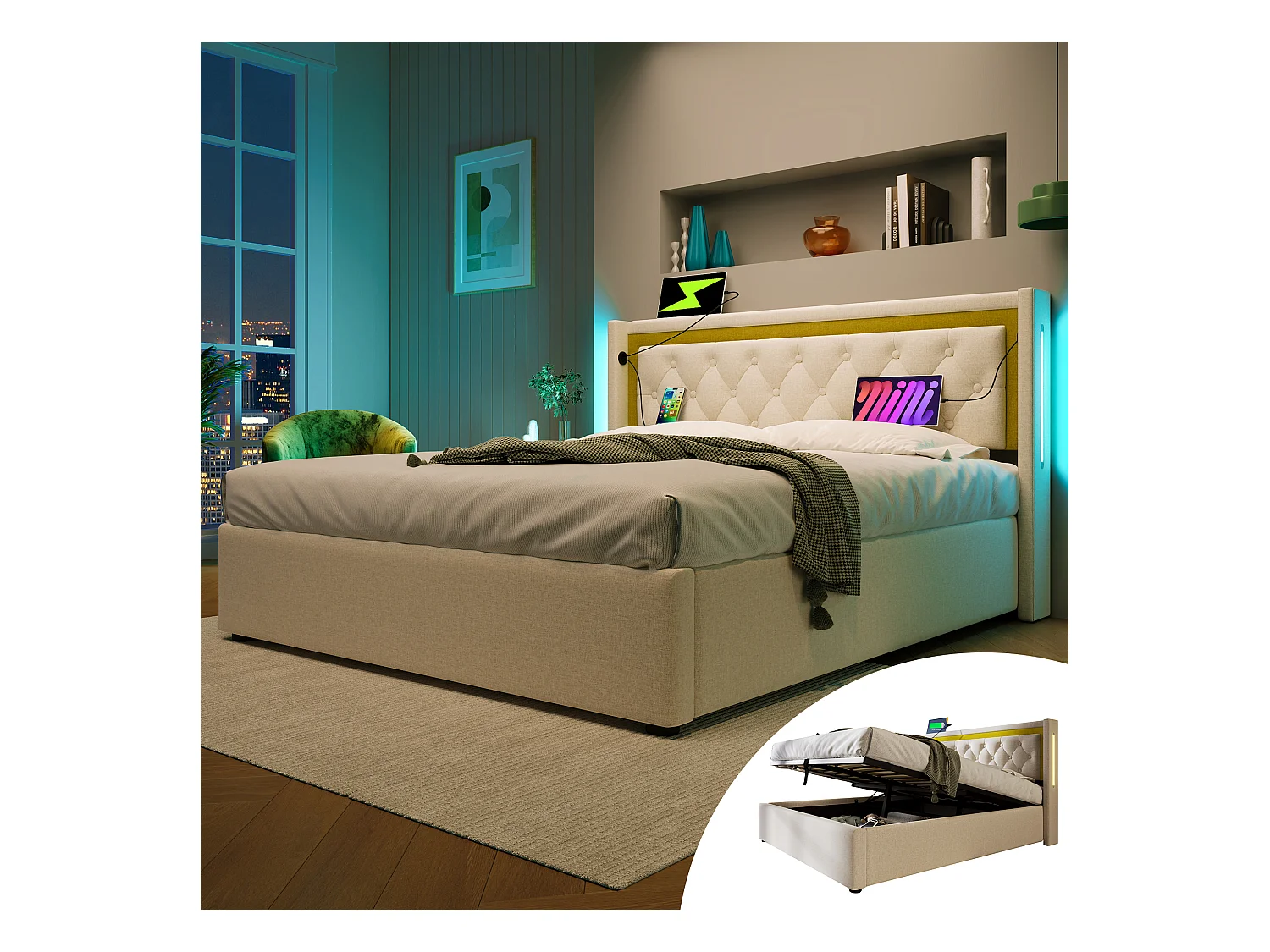 Lit avec fonction de charge USB Type-C, LED, et rangement sous le lit, cadre en coton beige, 140x200 cm (Dimensions : 208x170x104 cm)