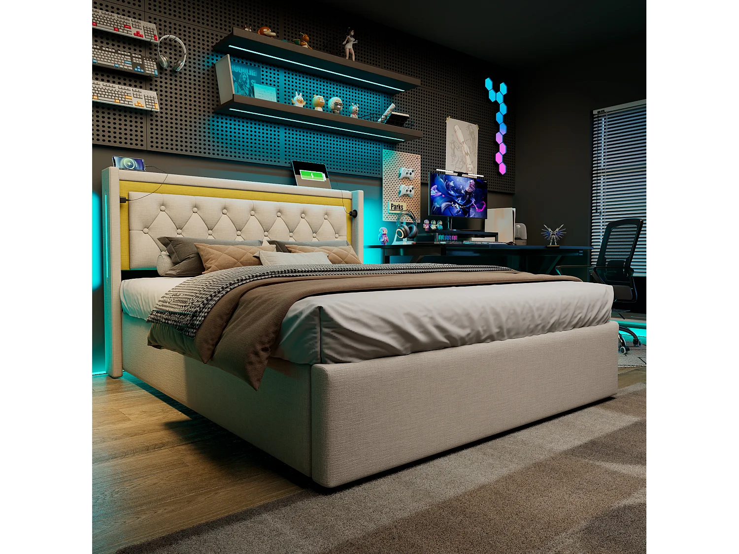 Lit avec fonction de charge USB Type-C, LED, et rangement sous le lit, cadre en coton beige, 140x200 cm (Dimensions : 208x170x104 cm)