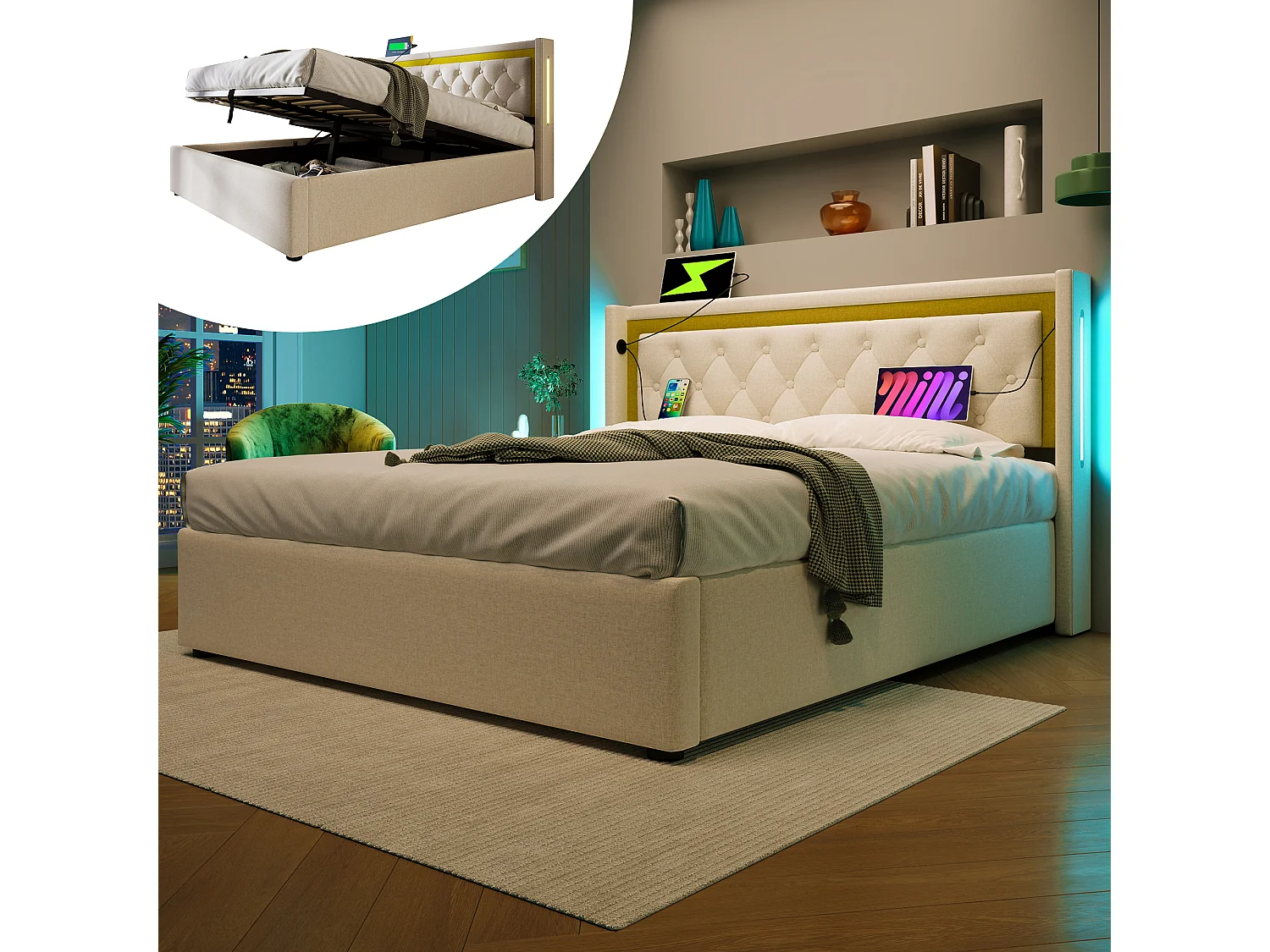 Lit avec fonction de charge USB Type-C, LED, et rangement sous le lit, cadre en coton beige, 140x200 cm (Dimensions : 208x170x104 cm)