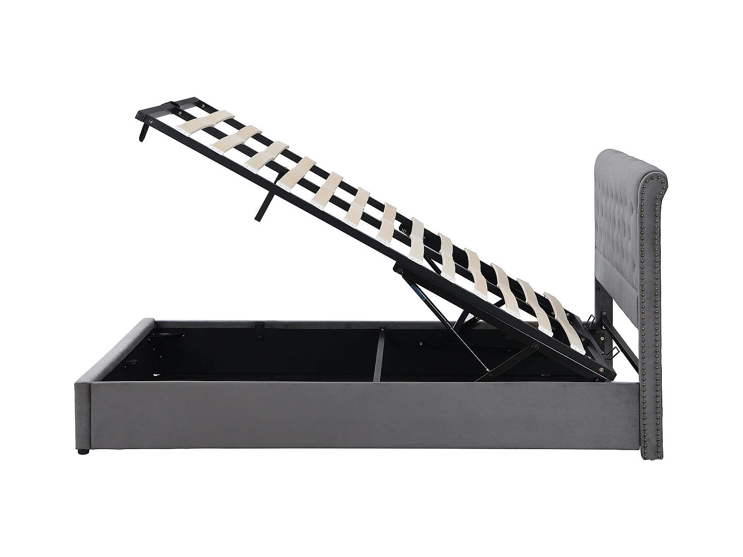 Lit capitonné avec levier hydraulique, coffre de rangement, décor clouté, 180 x 200 cm, sans matelas, velours, gris
