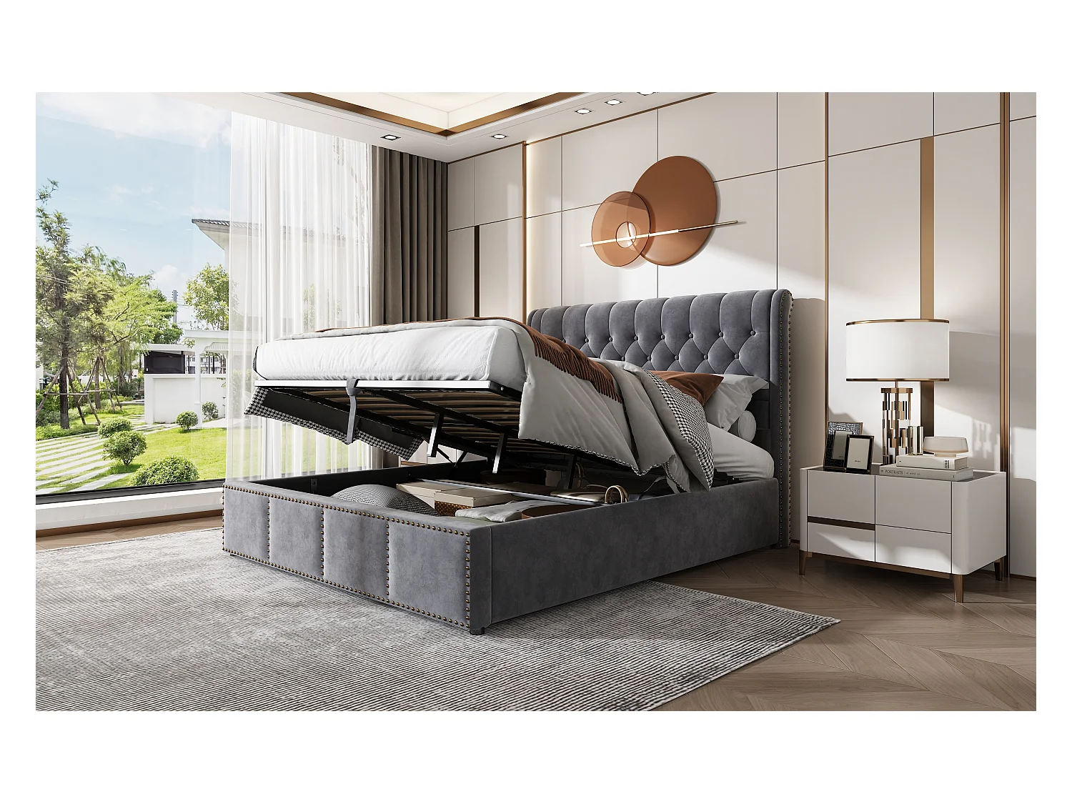 Lit capitonné avec levier hydraulique, coffre de rangement, décor clouté, 180 x 200 cm, sans matelas, velours, gris