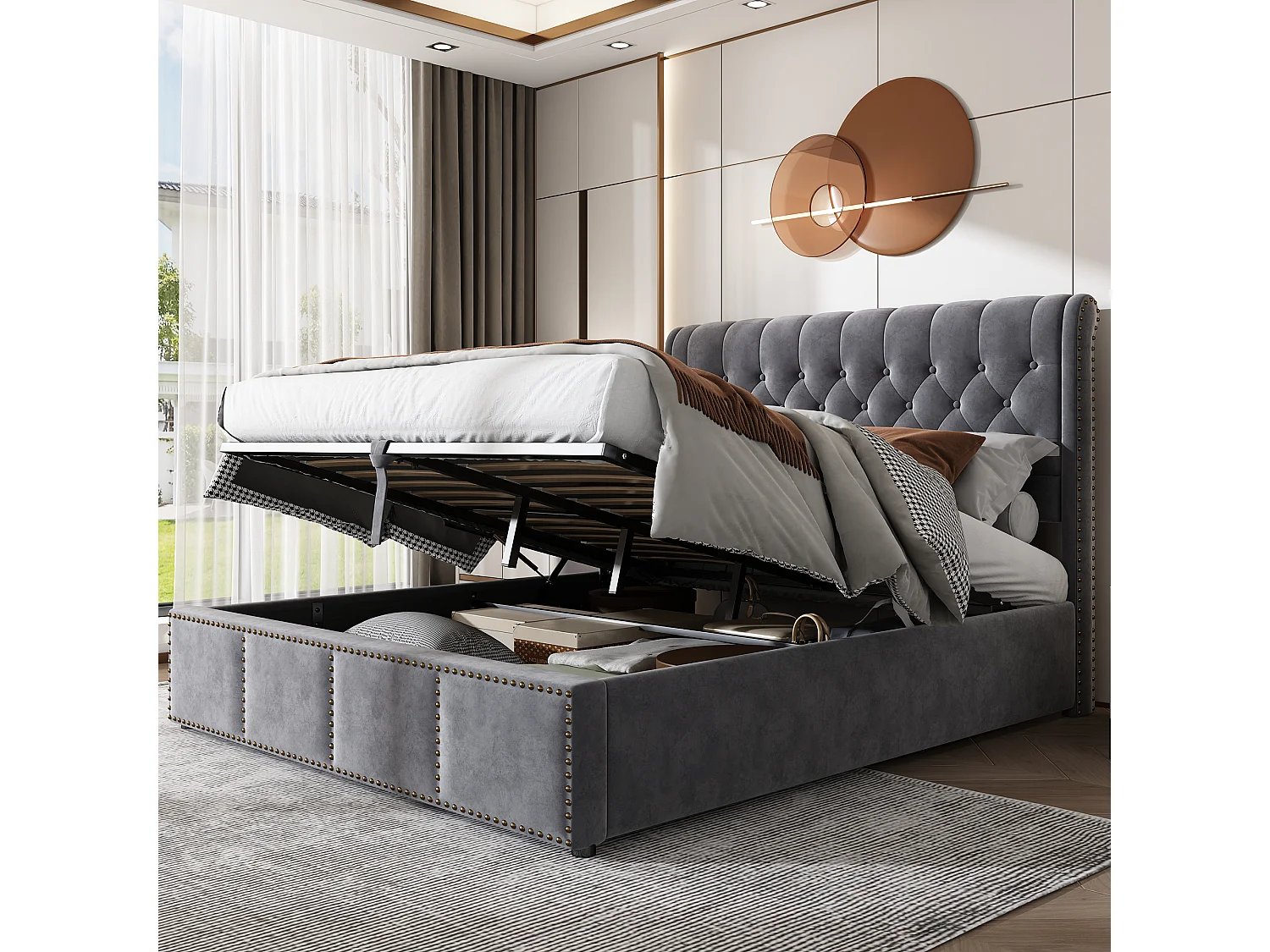 Gestoffeerd bed met hydraulische hendel, opbergvak, decor met studs, 180 x 200 cm, zonder matras, fluweel, grijs