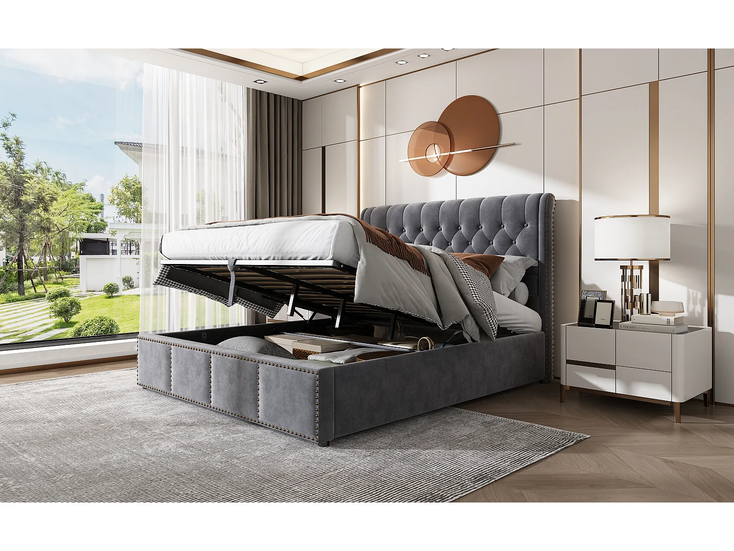 Gestoffeerd bed met hydraulische hendel, opbergvak, decor met studs, 180 x 200 cm, zonder matras, fluweel, grijs