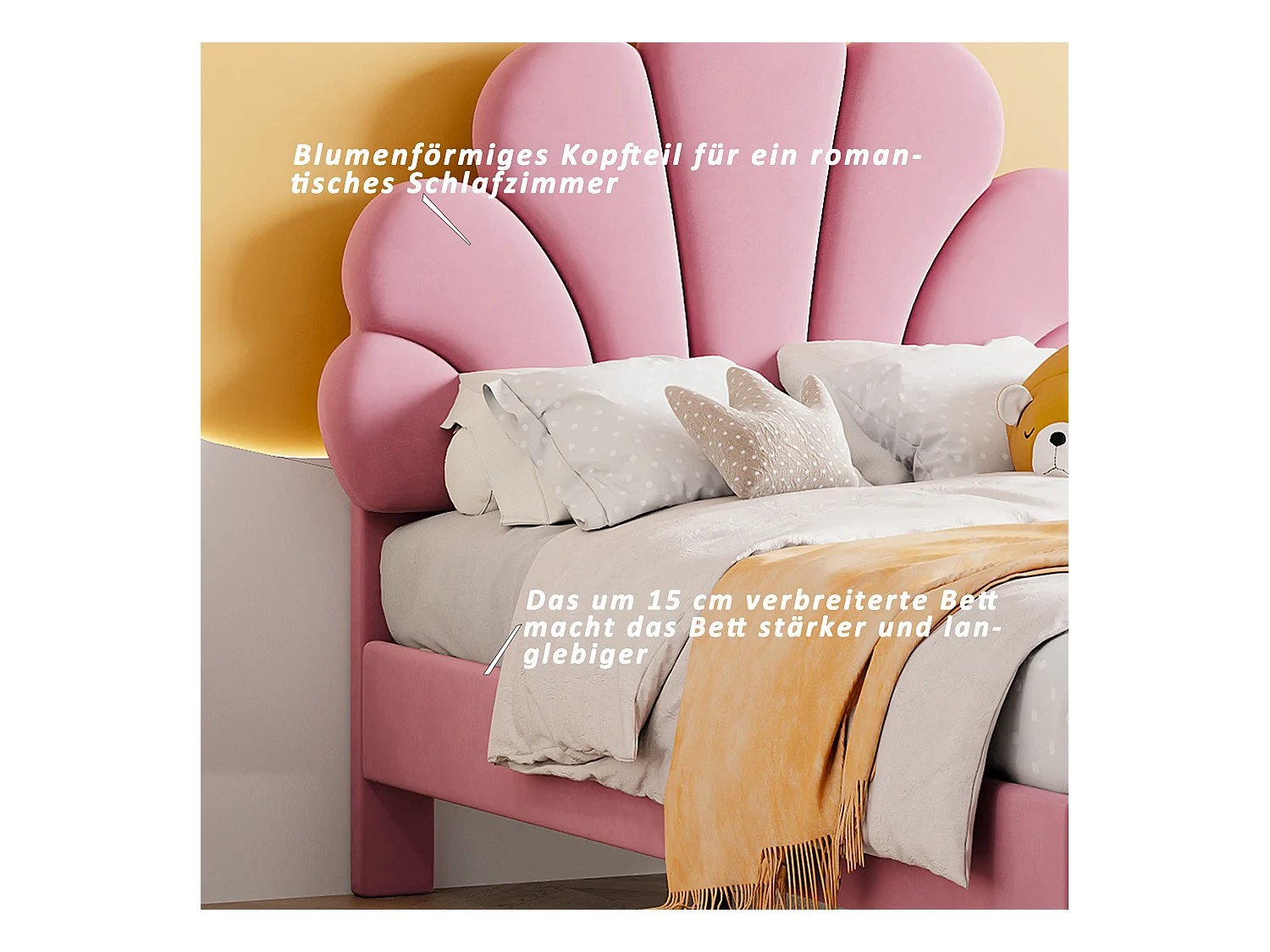 Lit enfant 90x200 cm, avec tête de lit en forme de fleurs, en velours, structure en bois, rose (206x100x110.5 cm)