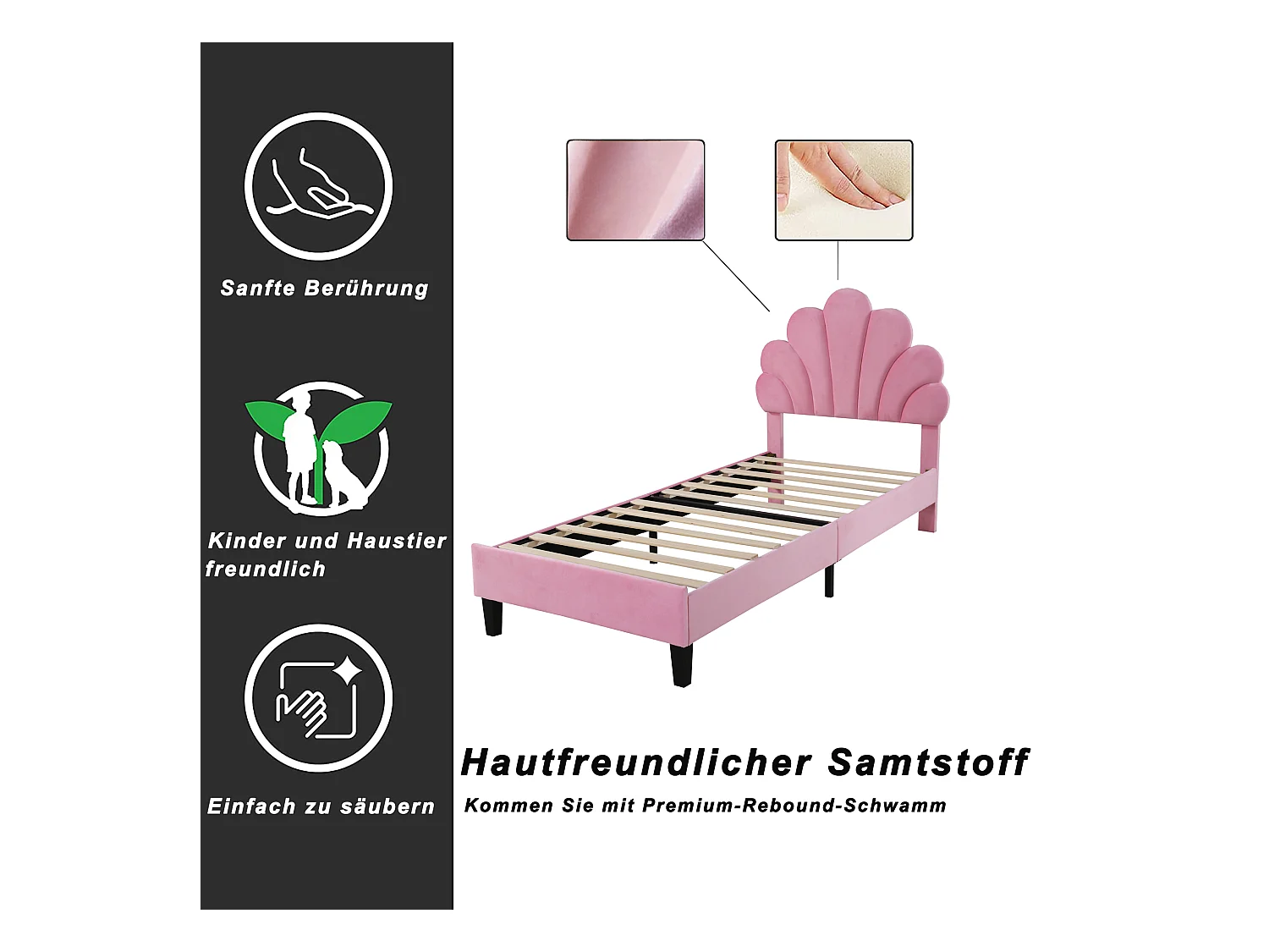 Lit enfant 90x200 cm, avec tête de lit en forme de fleurs, en velours, structure en bois, rose (206x100x110.5 cm)