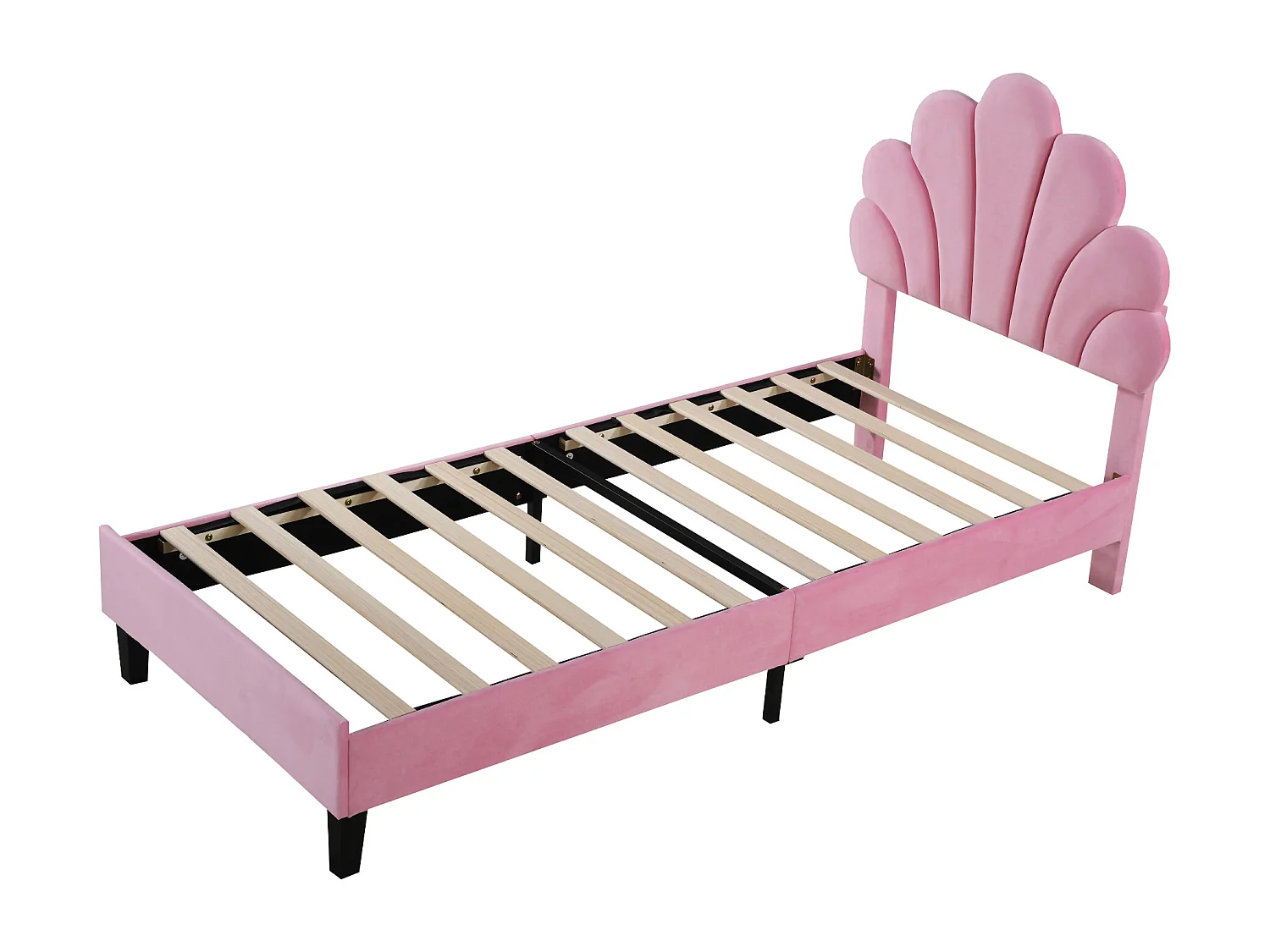 Lit enfant 90x200 cm, avec tête de lit en forme de fleurs, en velours, structure en bois, rose (206x100x110.5 cm)