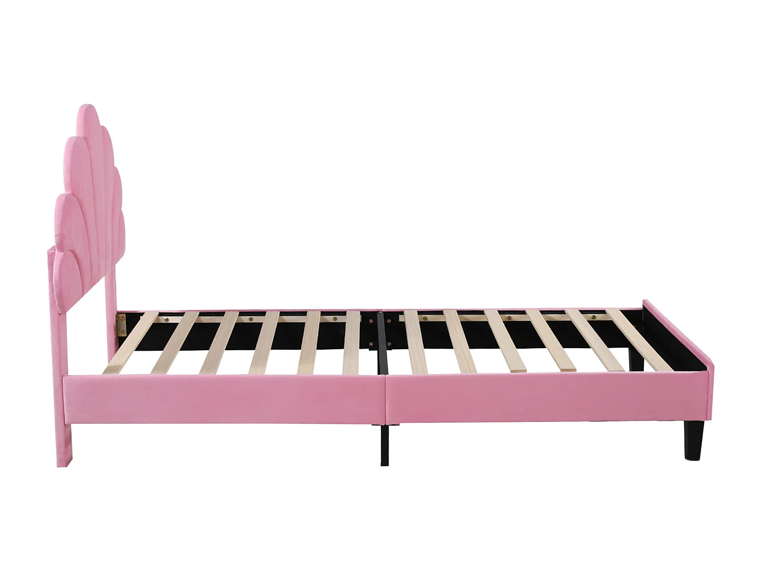 Lit enfant 90x200 cm, avec tête de lit en forme de fleurs, en velours, structure en bois, rose (206x100x110.5 cm)