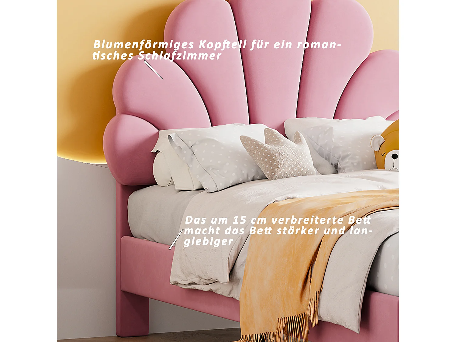 Letto per bambini 90x200 cm, con testiera a forma di fiore, in velluto, struttura in legno, rosa (206x100x110,5 cm)