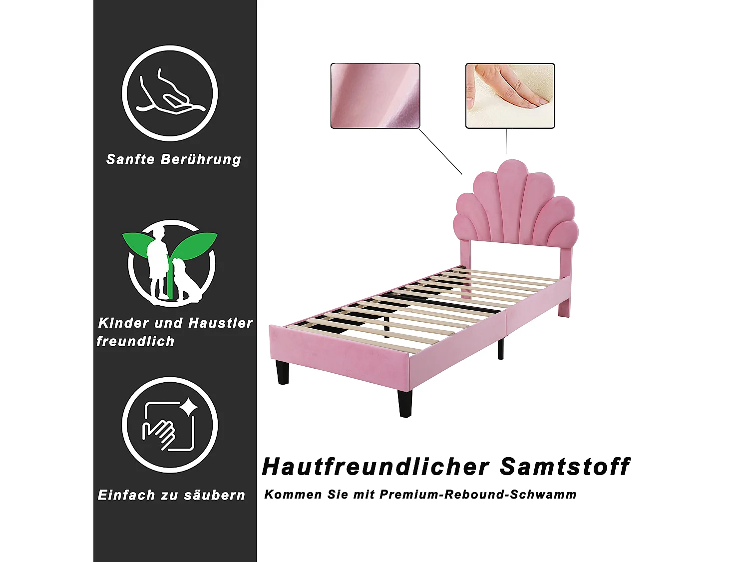 Letto per bambini 90x200 cm, con testiera a forma di fiore, in velluto, struttura in legno, rosa (206x100x110,5 cm)