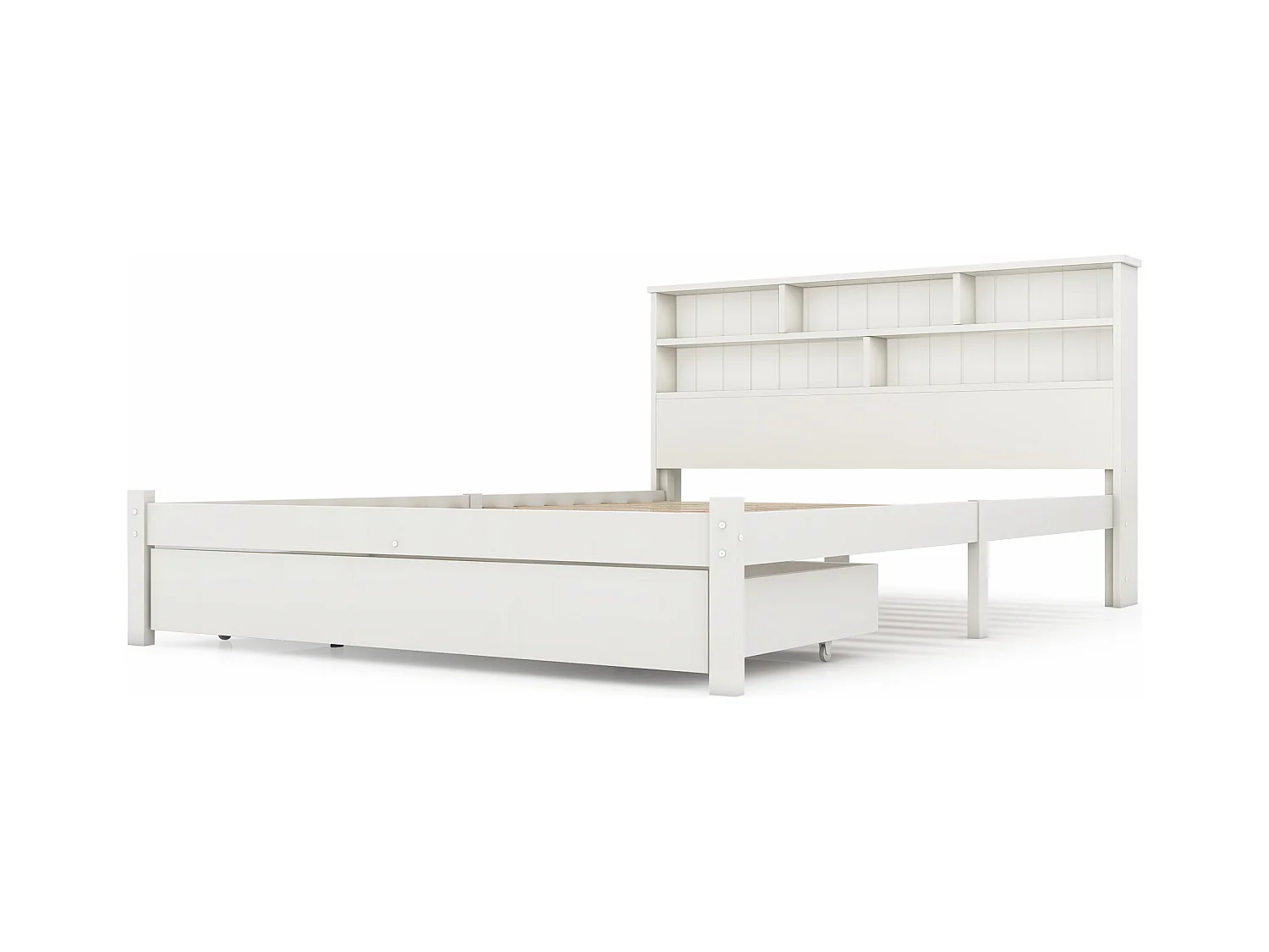 Letto in legno massello con ripiani e cassetti, 140x200 cm, ideale per adulti e bambini, design moderno, bianco