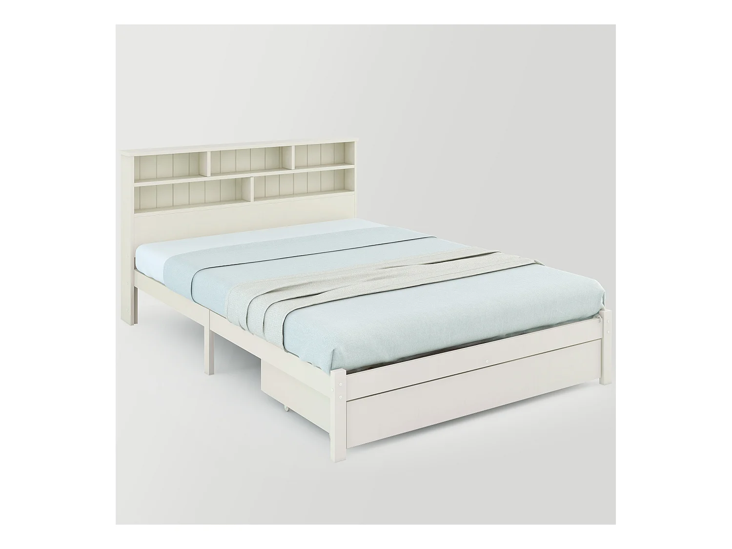 Letto in legno massello con ripiani e cassetti, 140x200 cm, ideale per adulti e bambini, design moderno, bianco