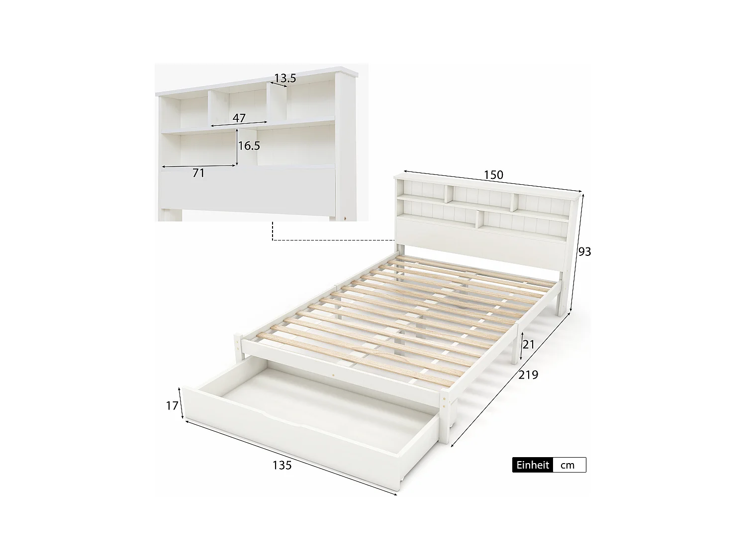 Letto in legno massello con ripiani e cassetti, 140x200 cm, ideale per adulti e bambini, design moderno, bianco