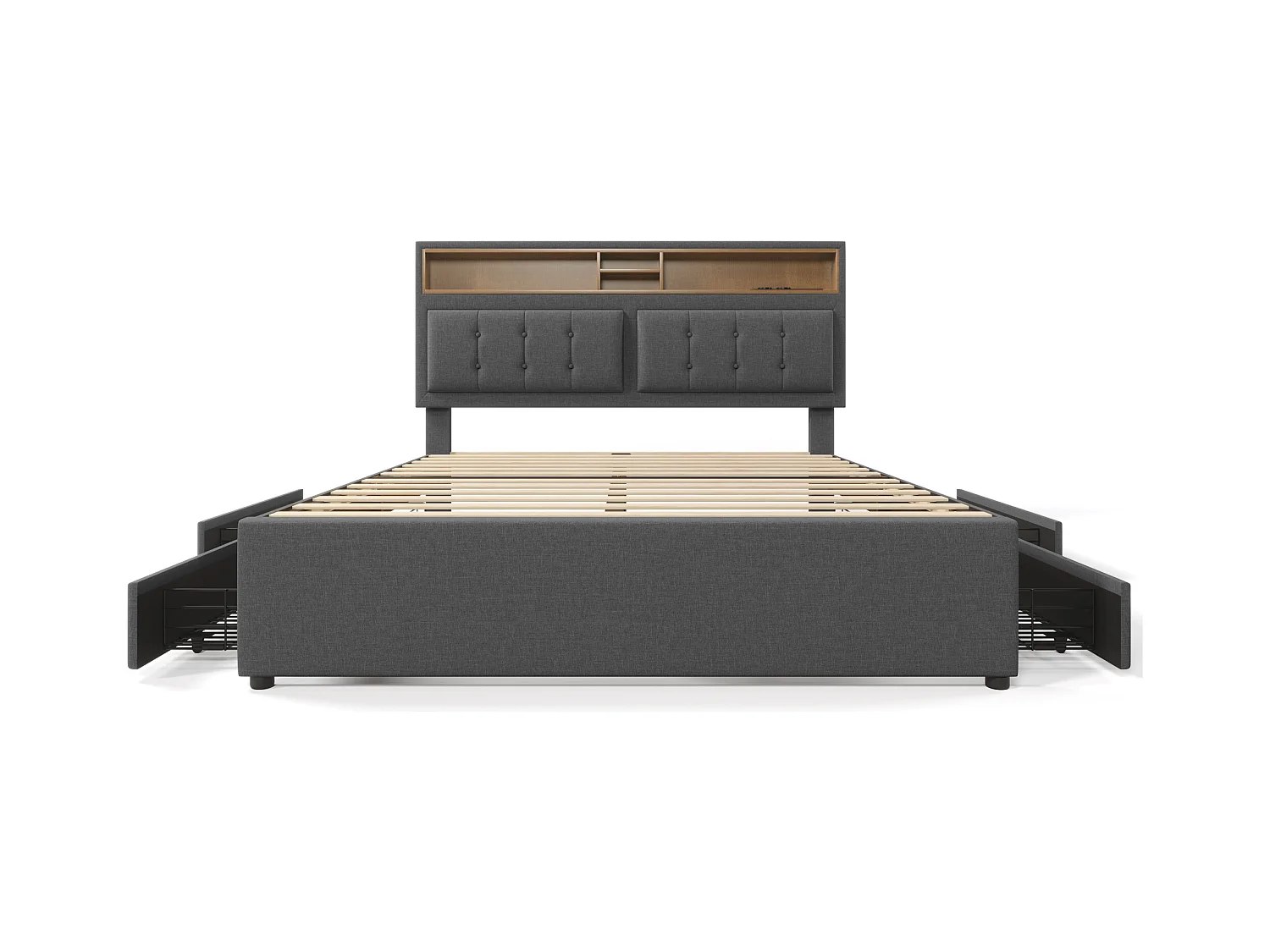 Lit double avec 4 tiroirs et prise USB-C, sommier bois, lin gris (163x204x92-104cm)