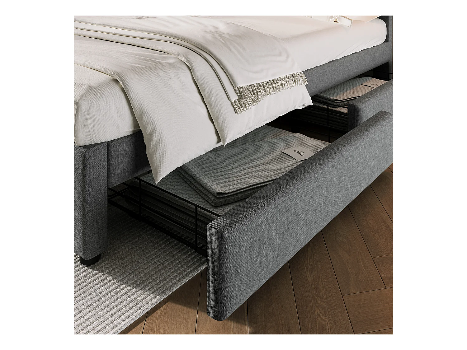 Lit double avec 4 tiroirs et prise USB-C, sommier bois, lin gris (163x204x92-104cm)