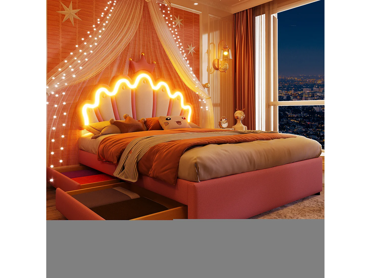 Prinsessenbed 140x200cm, met afstandsbediening voor sfeerverlichting, gestoffeerd hoofdeinde, 2 lades, PU, roze (203,5x143x131 cm)