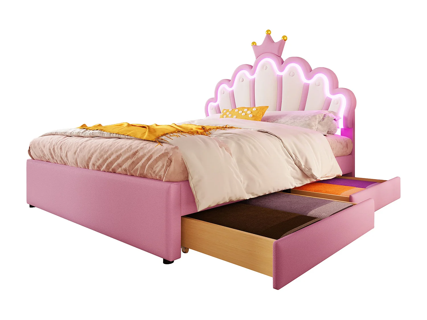 Prinsessenbed 140x200cm, met afstandsbediening voor sfeerverlichting, gestoffeerd hoofdeinde, 2 lades, PU, roze (203,5x143x131 cm)