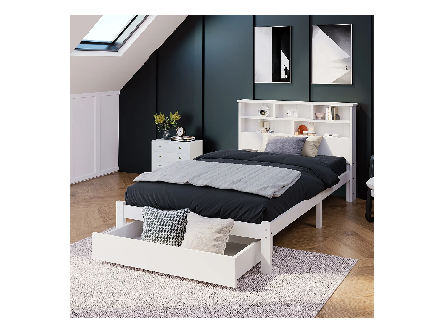 Lit en bois massif 90x200 cm avec tête de lit bibliothèque et tiroirs, idéal pour enfants et adultes, design moderne, blanc