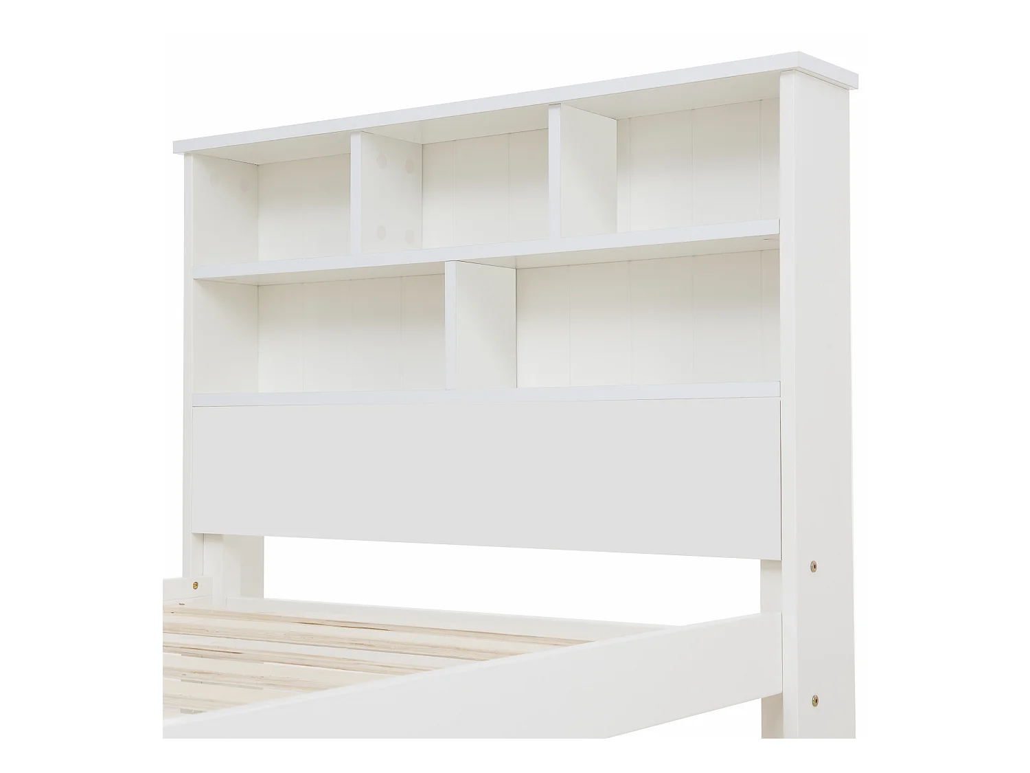 Lit en bois massif 90x200 cm avec tête de lit bibliothèque et tiroirs, idéal pour enfants et adultes, design moderne, blanc